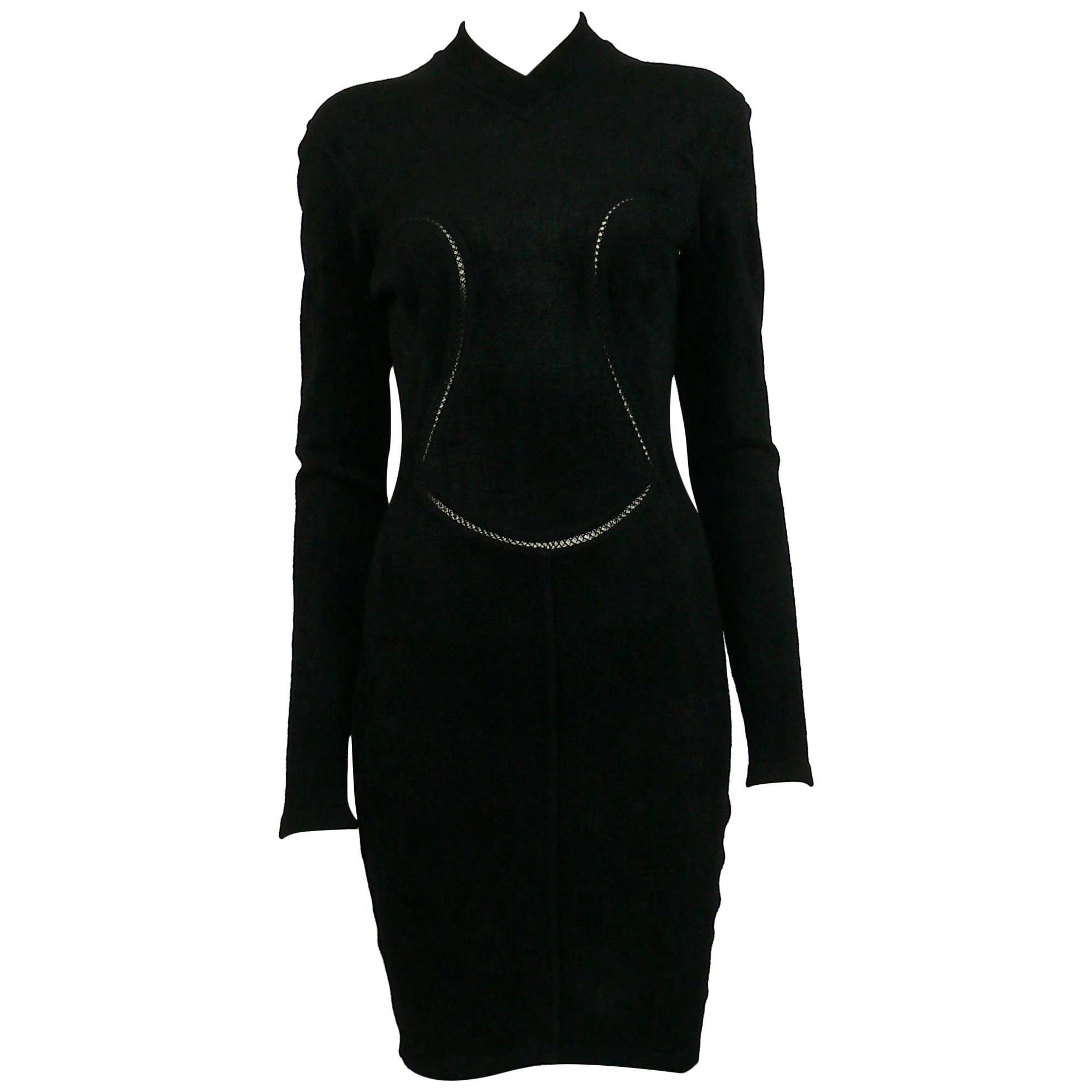 Azzedine Alaia Vintage Bodycon Knit Black Dress with Openwork Details F/W 1991