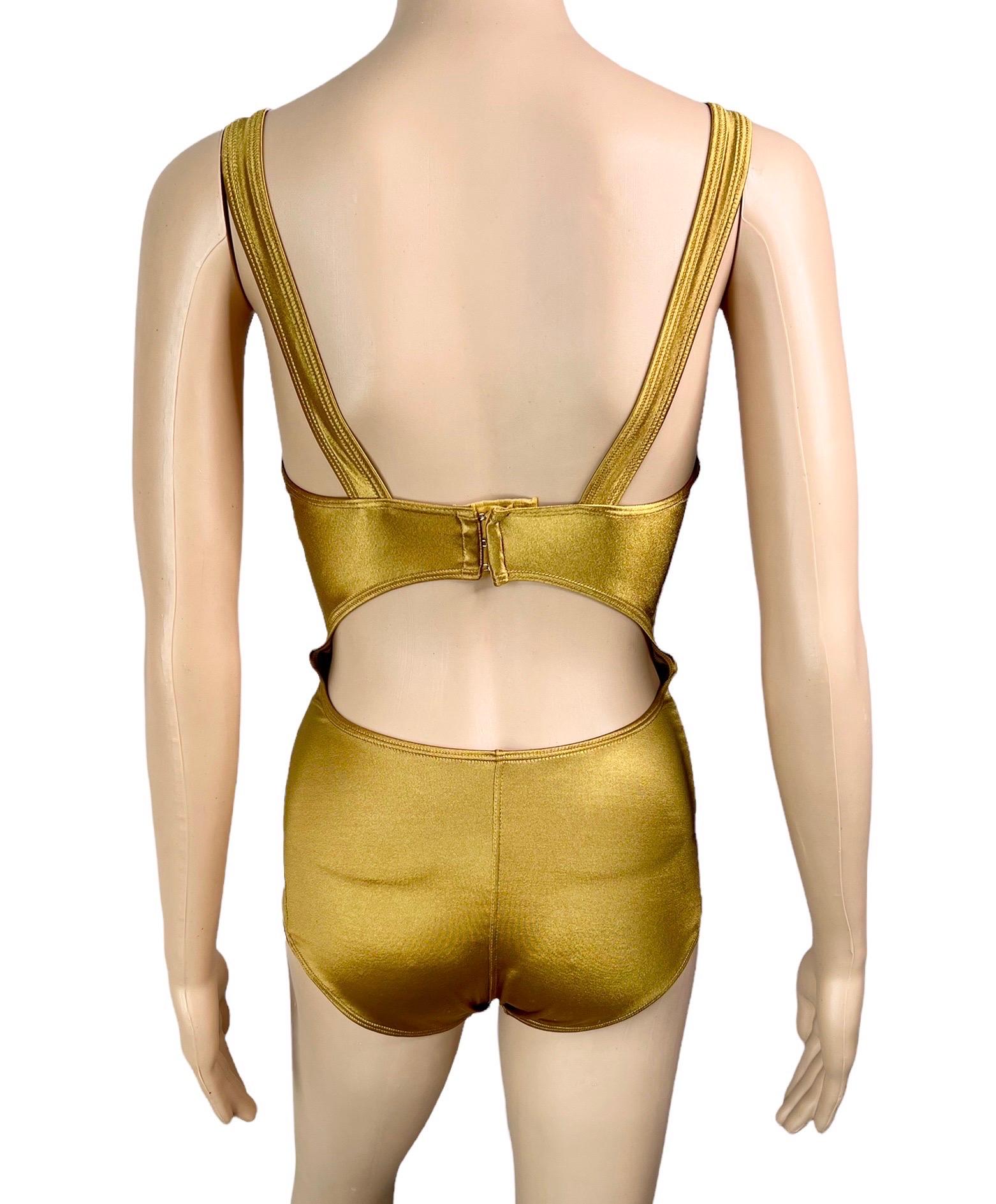 Azzedine Alaia Vintage Bustier Cutout Back Gold Bodysuit Swimsuit  In Excellent Condition For Sale In Naples, FL