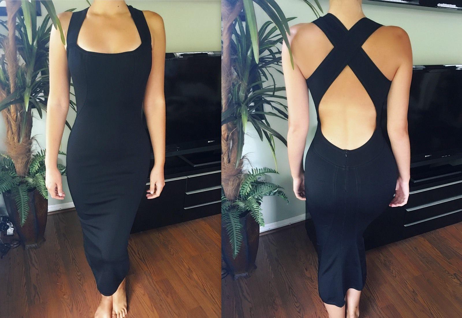 Azzedine Alaia 1990's Vintage Fitted Open Back Black Midi Dress In Good Condition For Sale In Naples, FL