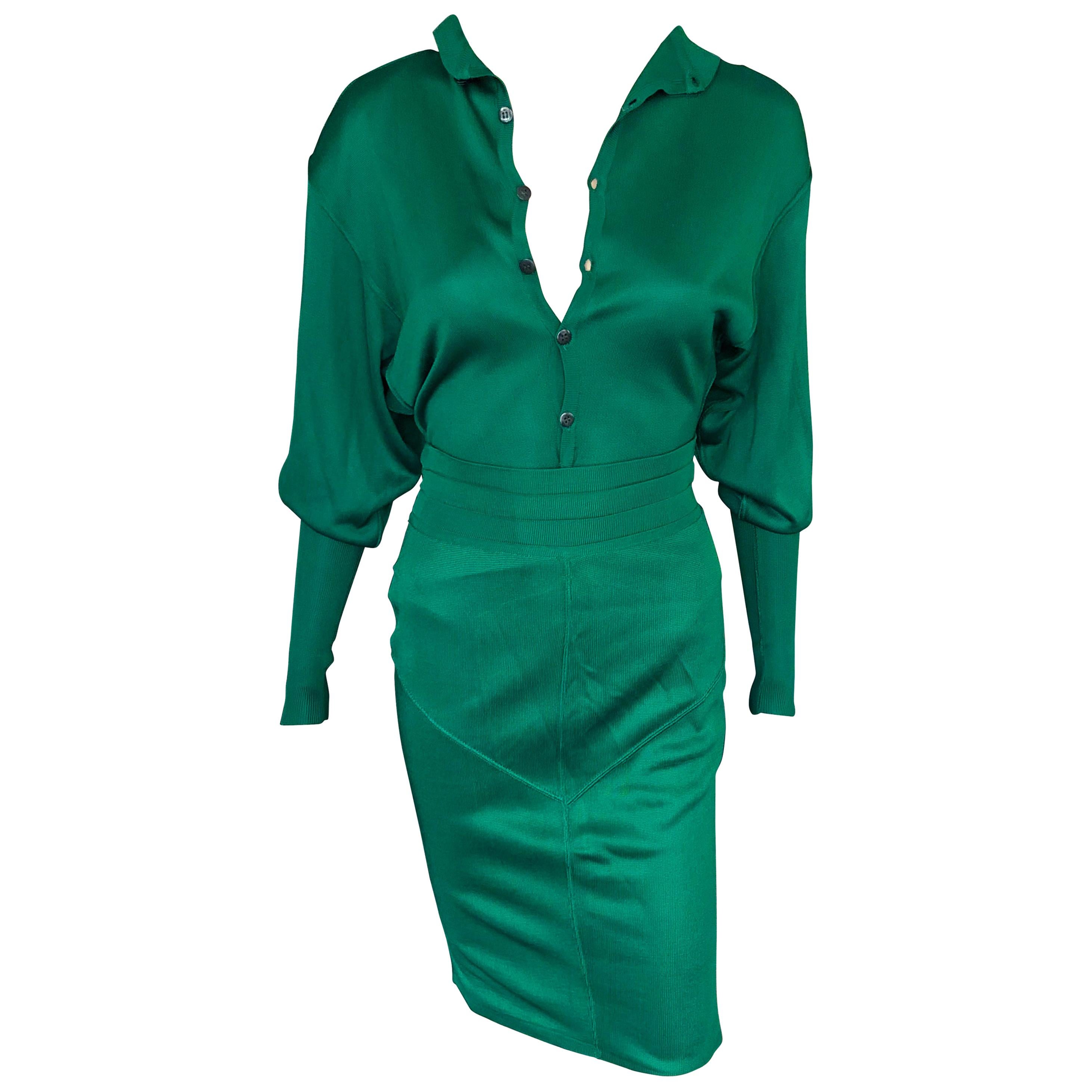 Azzedine Alaia Vintage Green Knit Skirt and Bodysuit Top 2 Piece Set