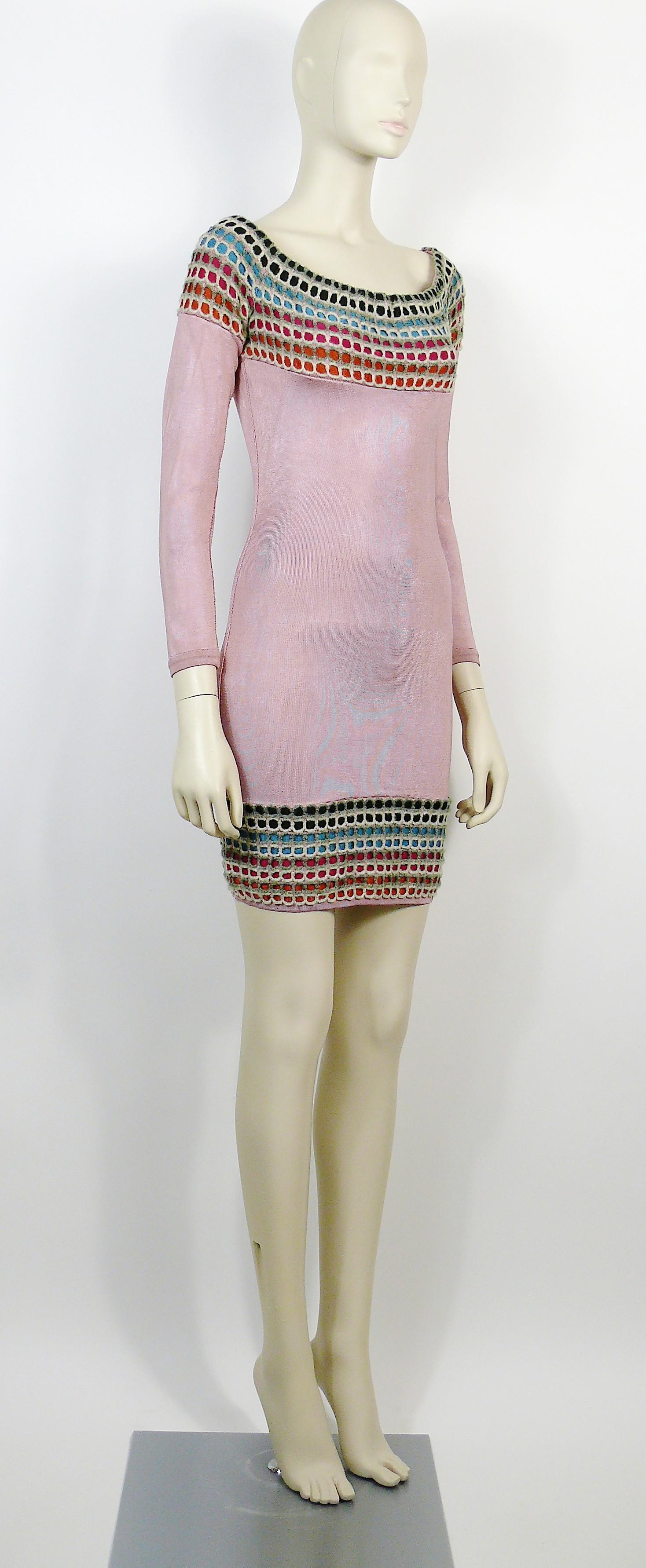 AZZEDINE ALAIA vintage knit dress with gorgeous rainbow honeycomb details.

This dress features :
- Stretchy fabric made of rayon, nylon and spandex.
- Rainbow honeycomb knit design on collar, shoulders and bottom.
- Slash neck.
- Rear zip