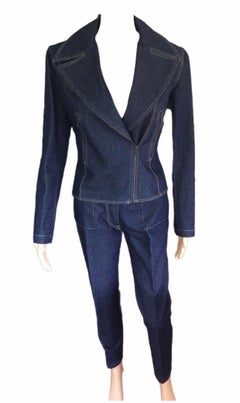 Azzedine Alaia Vintage Laced Up Denim Pants & Jacket Set Pant Suit 2 Piece Set