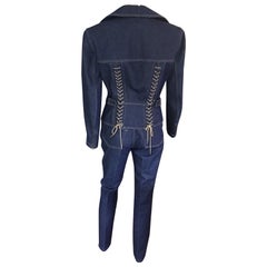 Azzedine Alaia Vintage Laced Up Denim Pants & Jacket Set Pant Suit 2 Piece Set