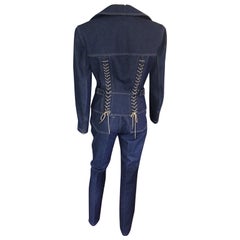 Azzedine Alaia - Set di pantaloni e giacca in denim con allacciatura vintage Tuta 2 pezzi