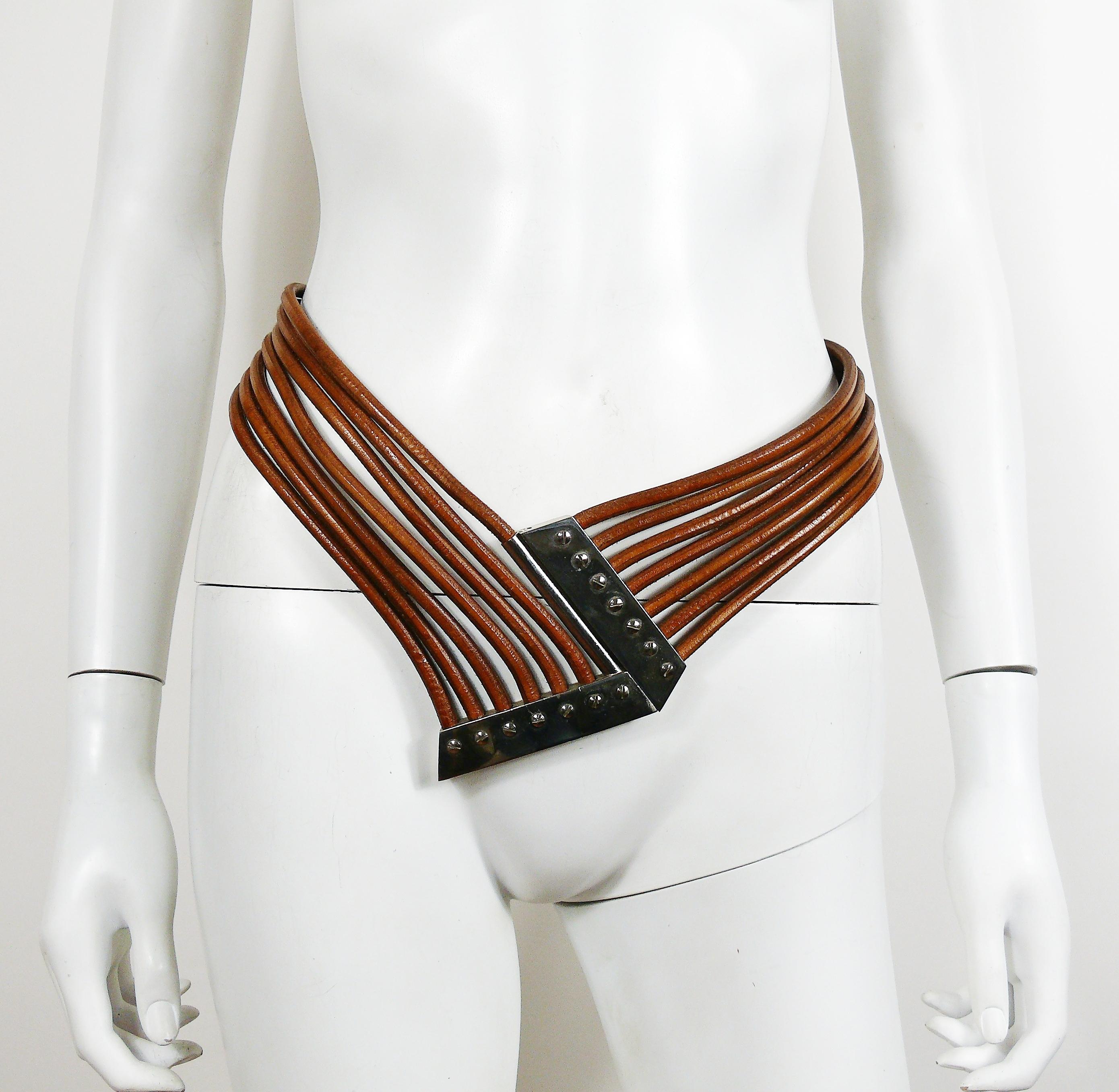 Azzedine Alaia Vintage Multi Strings Leather Belt with Silver Toned Buckle (Braun)
