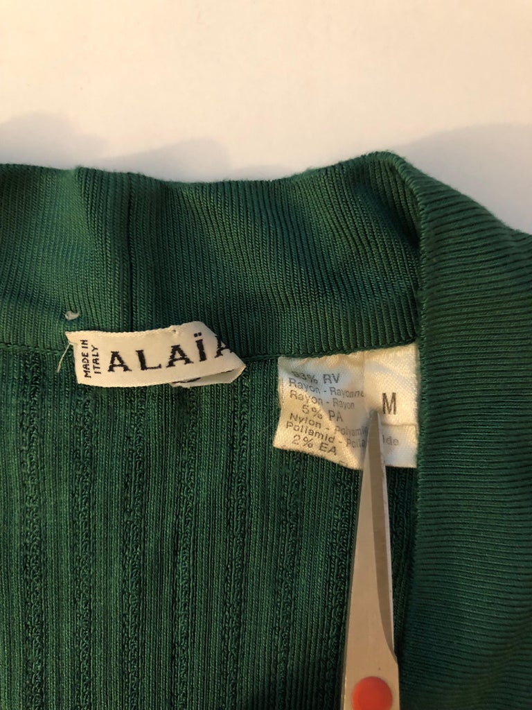 Women's Azzedine Alaia Vintage Plunging Neckline Rib Knit Green Playsuit Bodysuit For Sale