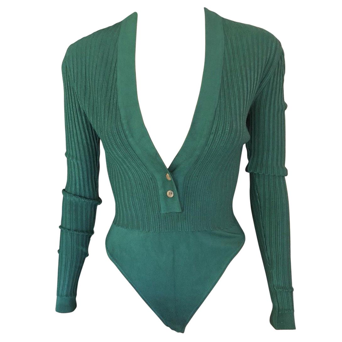 Azzedine Alaia Vintage Plunging Neckline Rib Knit Green Playsuit Bodysuit