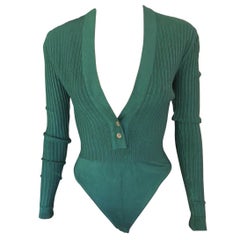 Azzedine Alaia Vintage Plunging Neckline Rib Knit Green Playsuit Bodysuit