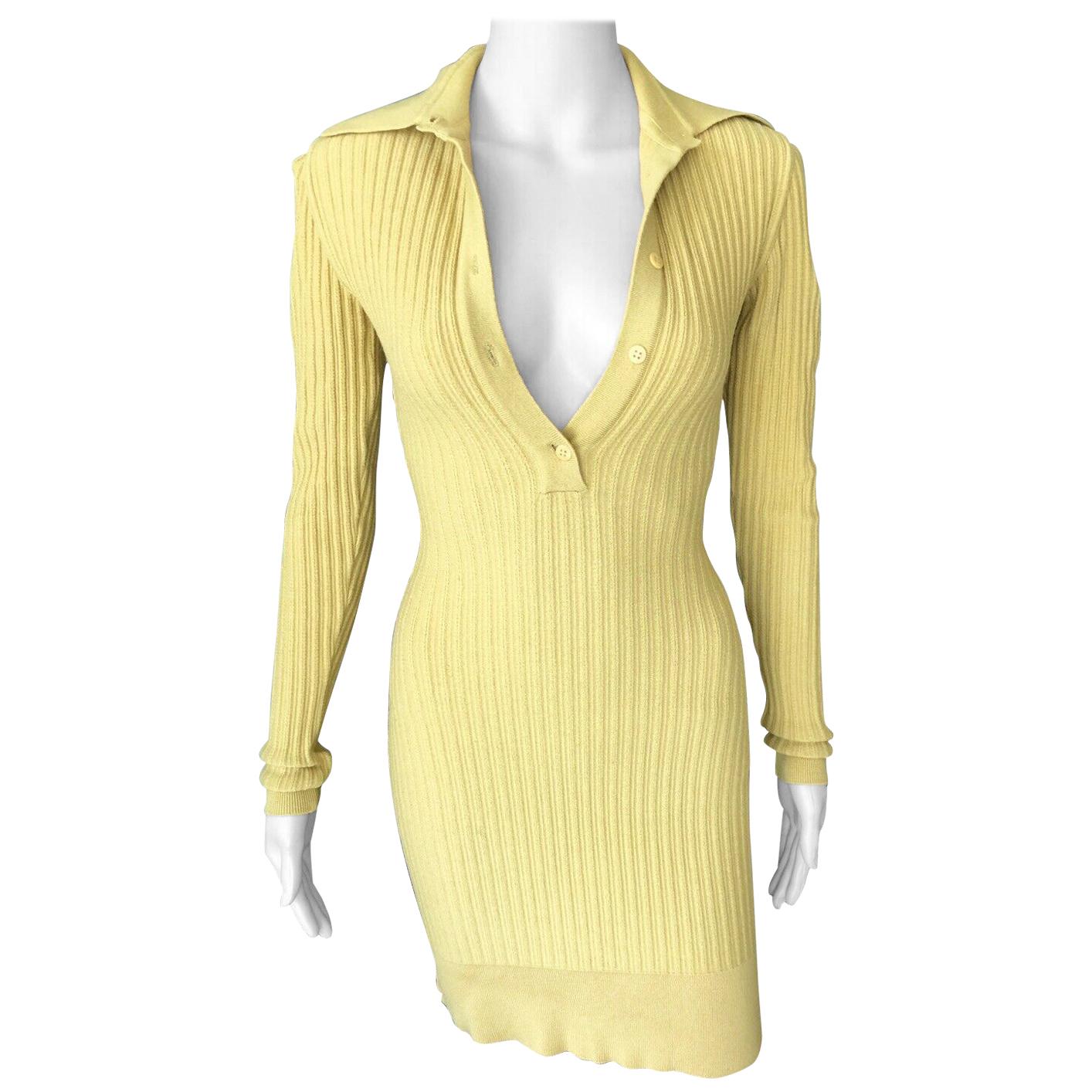 Azzedine Alaia Vintage Rib Knit Yellow Fitted Dress For Sale