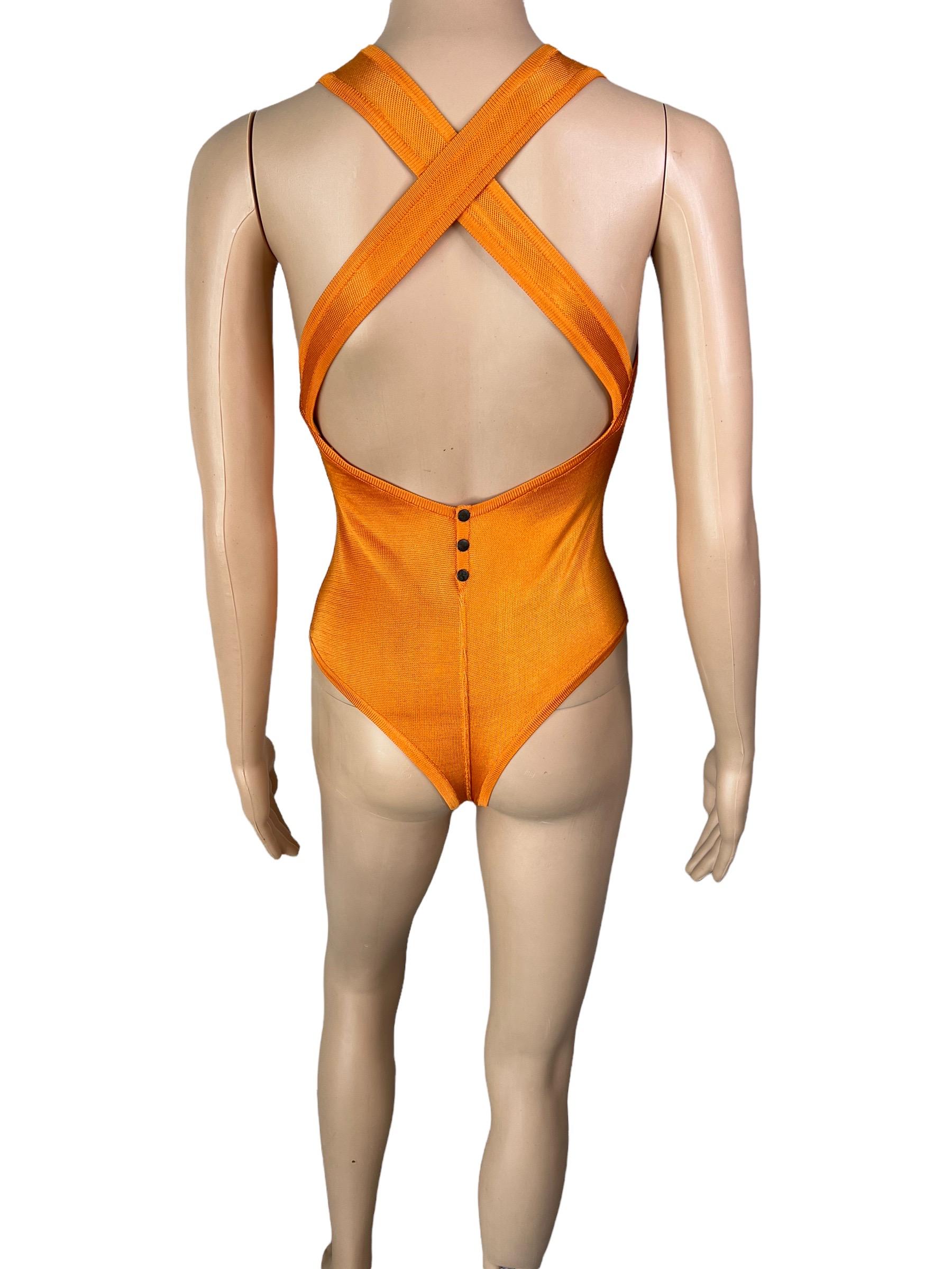 Azzedine Alaia Vintage S/S 1986 Open Back Orange Bodysuit Top In Excellent Condition For Sale In Naples, FL