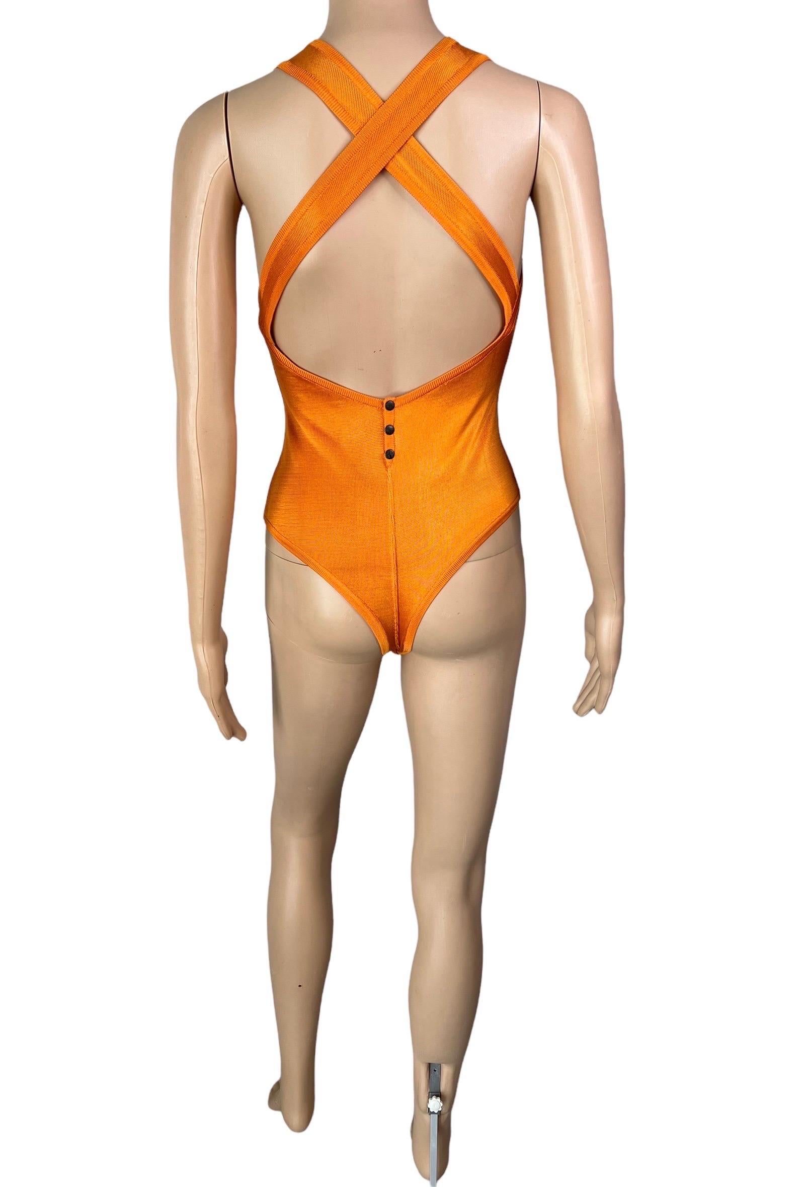 Azzedine Alaia Vintage S/S 1986 Open Back Orange Bodysuit Top For Sale 3