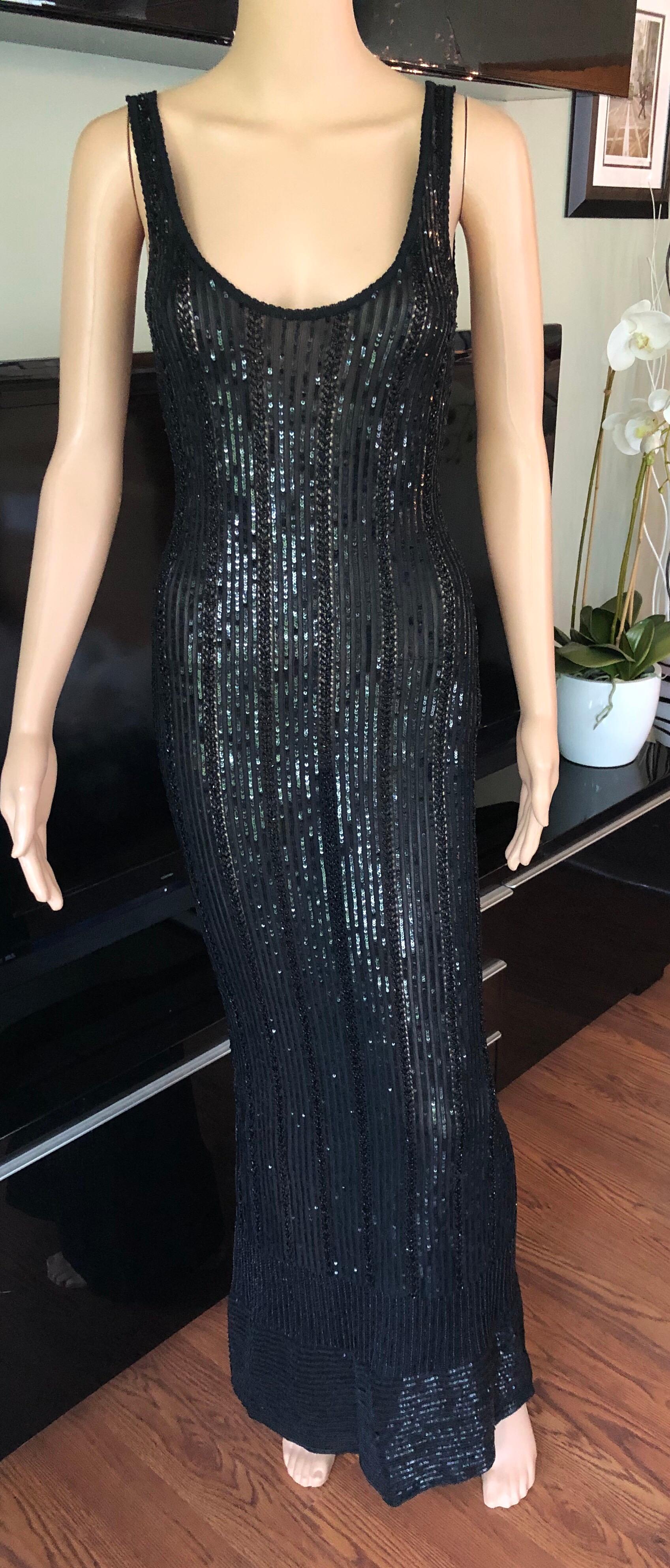 Azzedine Alaia Vintage S/S 1996 Runway Black Sequin Embellished Dress Gown In Excellent Condition In Naples, FL