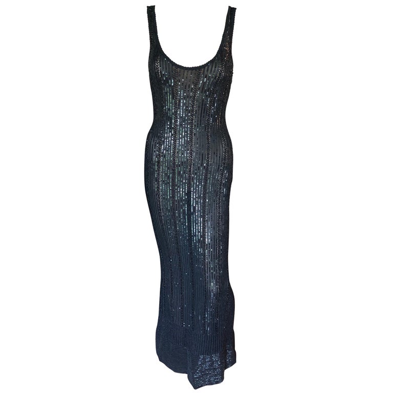 Azzedine Alaia Vintage S/S 1996 Runway Black Sequin Embellished Dress Gown  For Sale at 1stDibs