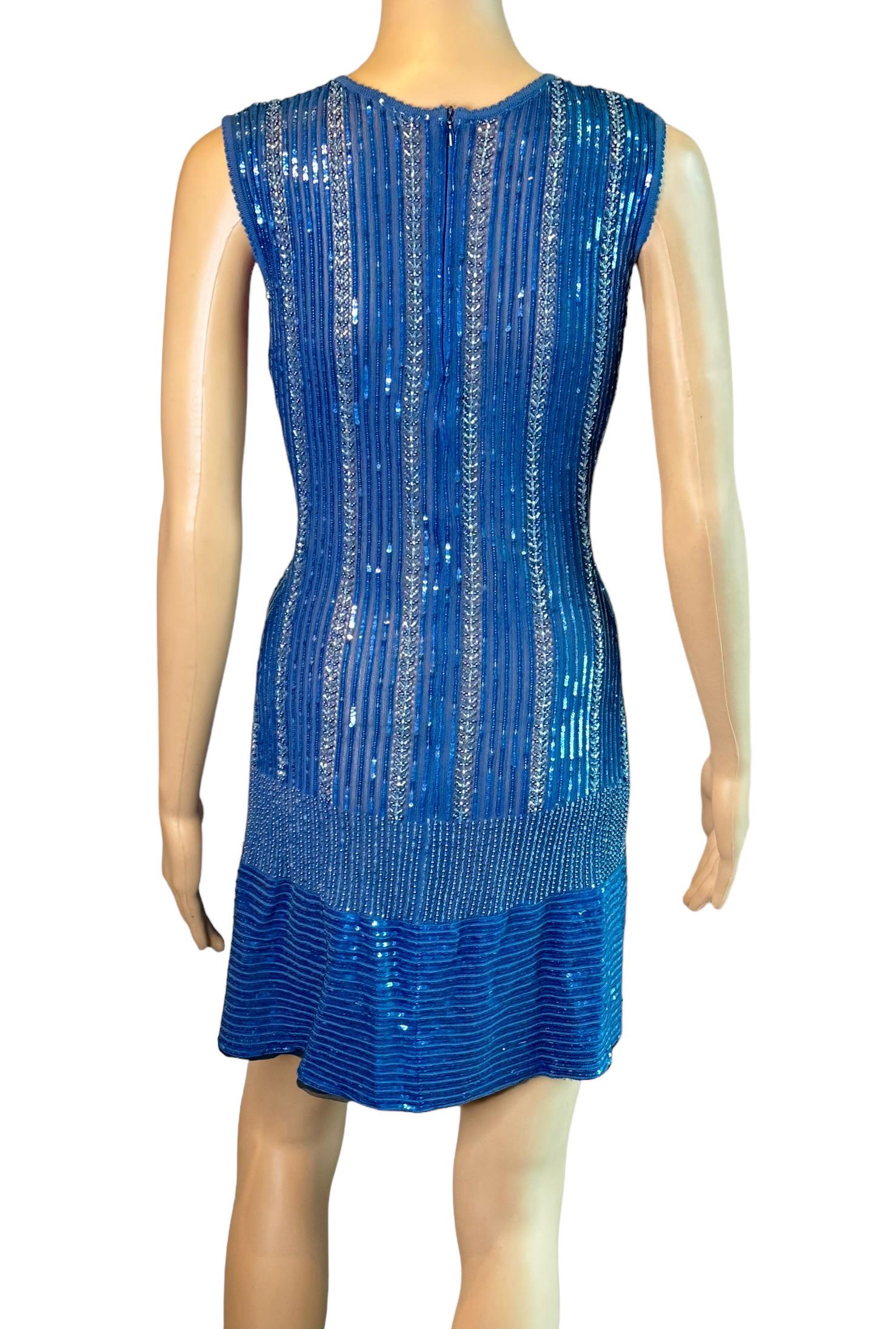 Azzedine Alaia Vintage S/S 1996 Runway Sequin Embellished Blue Mini Dress In Excellent Condition For Sale In Naples, FL
