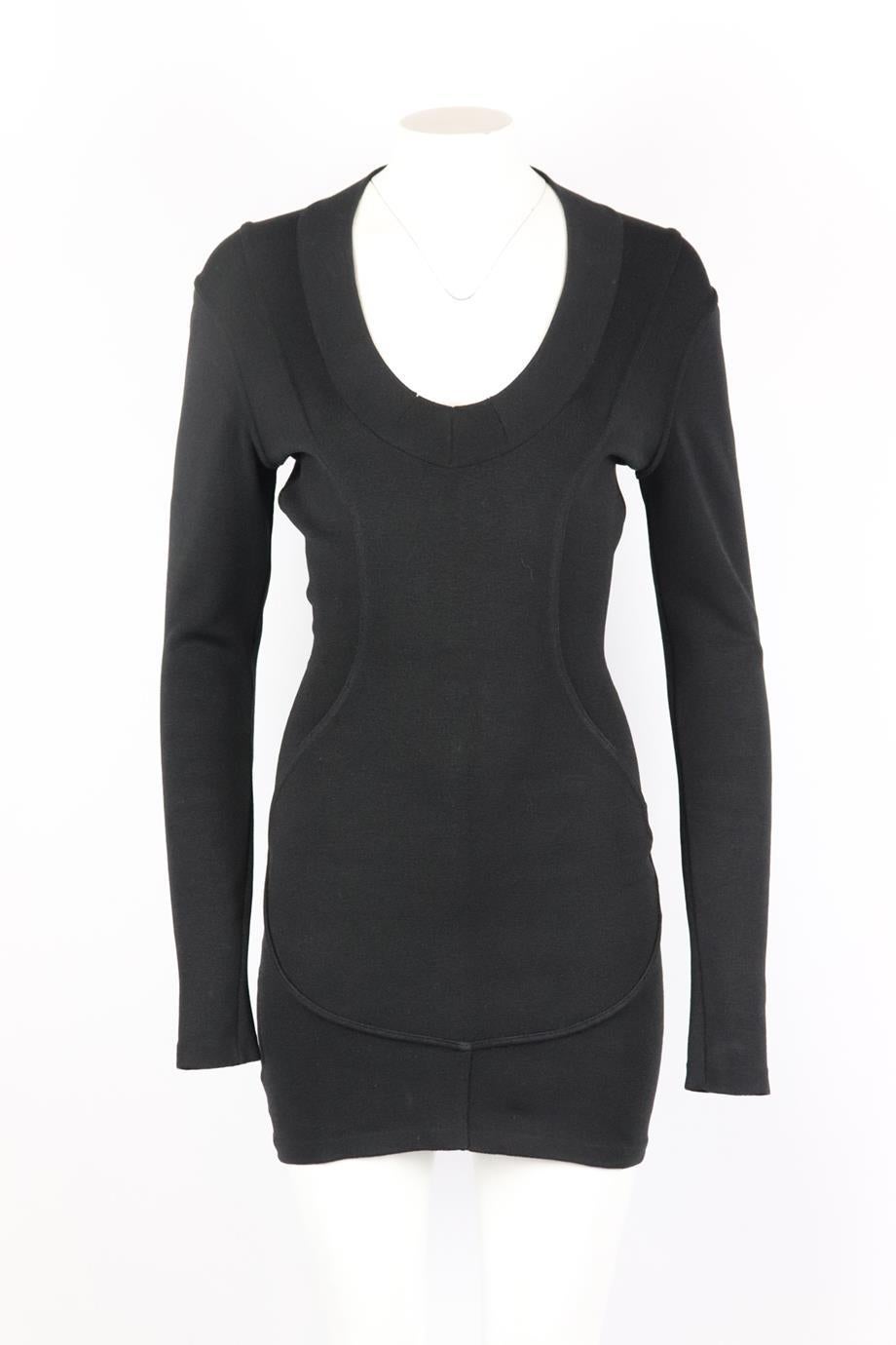 Azzedine Alaïa vintage stretch knit mini dress. Black. Long sleeve, scoop neck. Slips on. 86% Wool, 10% nylon, 1% elastane. Size: XSmall (UK 6, US 2, FR 34, IT 38). Bust: 35.5 in. Waist: 24 in. Hips: 31 in. Length: 31.6 in. Good condition - Marks on