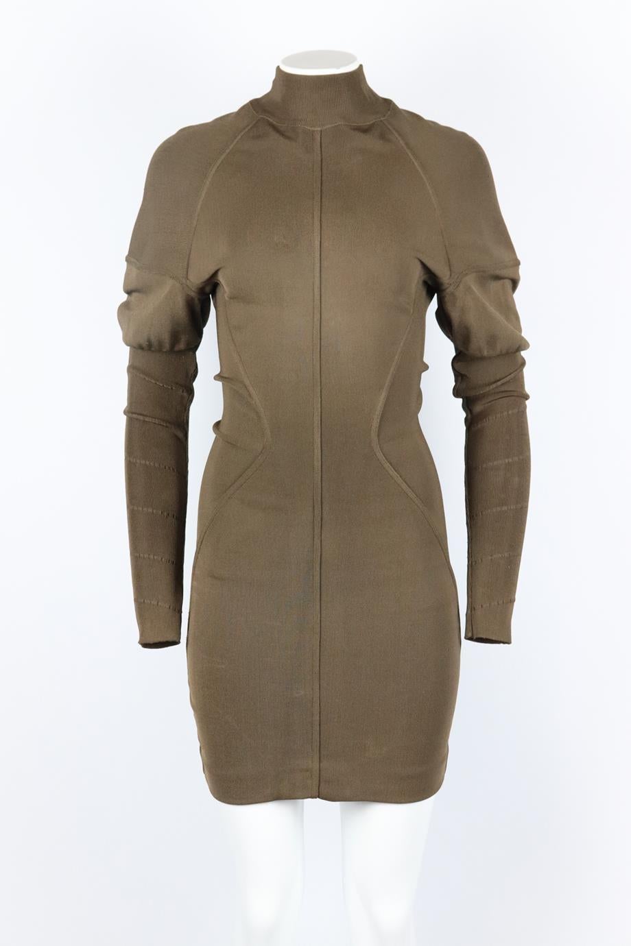 Azzedine Alaïa vintage stretch knit turtleneck mini dress. Brown. Long sleeve, turtleneck. Zip fastening at back. 80% Rayon, 15% polyester, 5% elastane. Size: XSmall (UK 6, US 2, FR 34, IT 38). Bust: 33 in. Waist: 23.5 in. Hips: 32.4 in. Length: