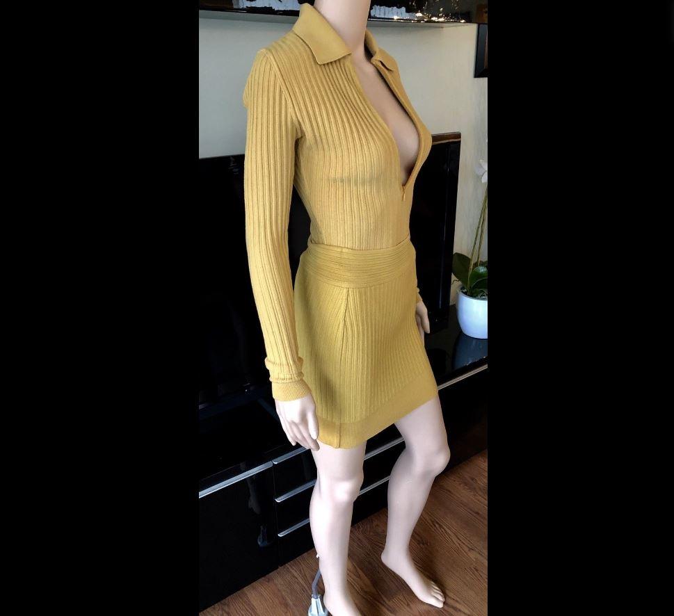 Beige Azzedine Alaia Vintage Yellow Rib Knit Skirt and Bodysuit Top 2 Pieces Set en vente