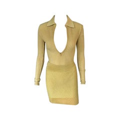 Azzedine Alaia Retro Yellow Rib Knit Skirt and Bodysuit Top 2 Piece Set