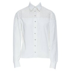 AZZEDINE ALAIA white lace crochet crystal rhinestone buttons blouse shirt FR36 S