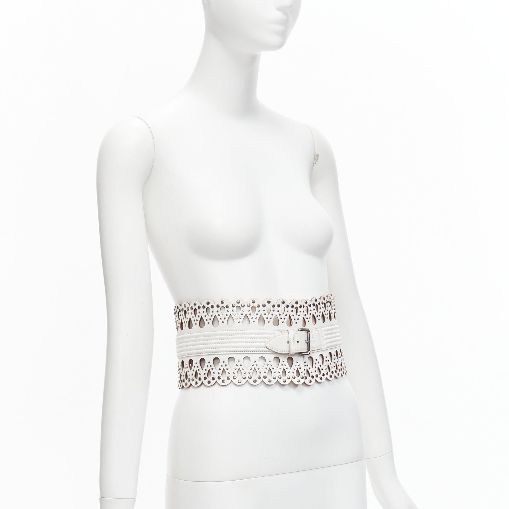 Gray AZZEDINE ALAIA white laser cut studded leather corset waist belt 70cm For Sale