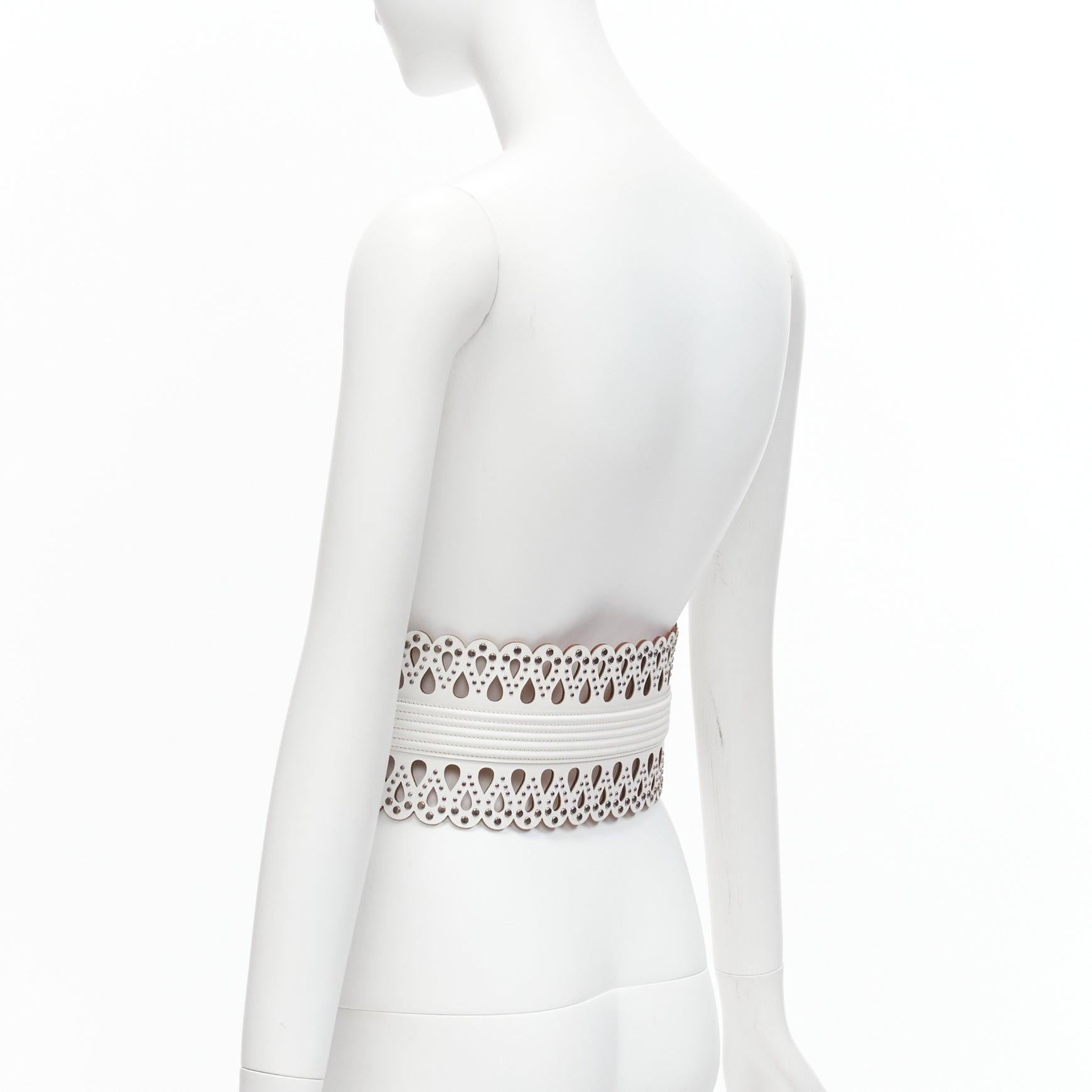 AZZEDINE ALAIA white laser cut studded leather corset waist belt 70cm For Sale 1