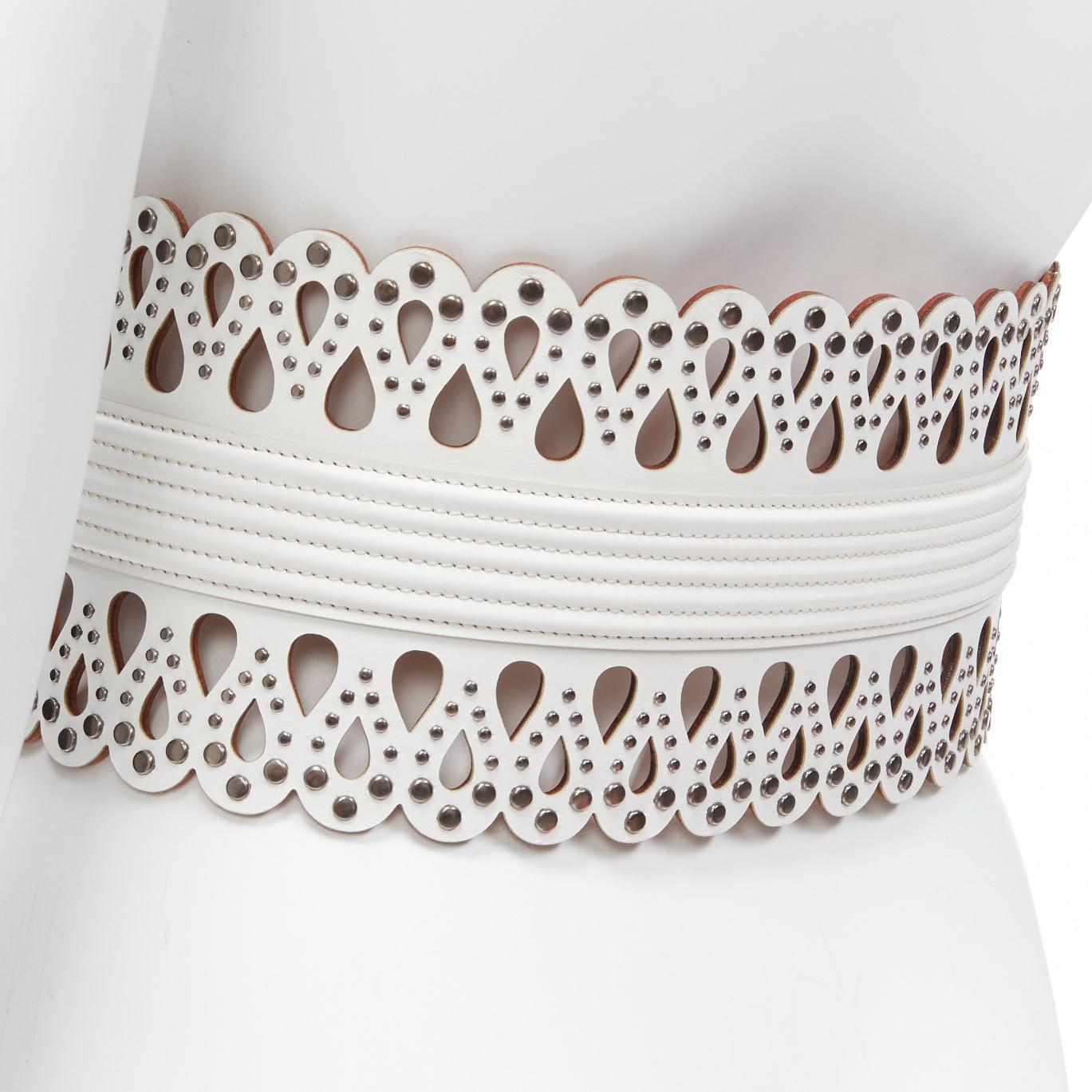 AZZEDINE ALAIA white laser cut studded leather corset waist belt 70cm For Sale 2
