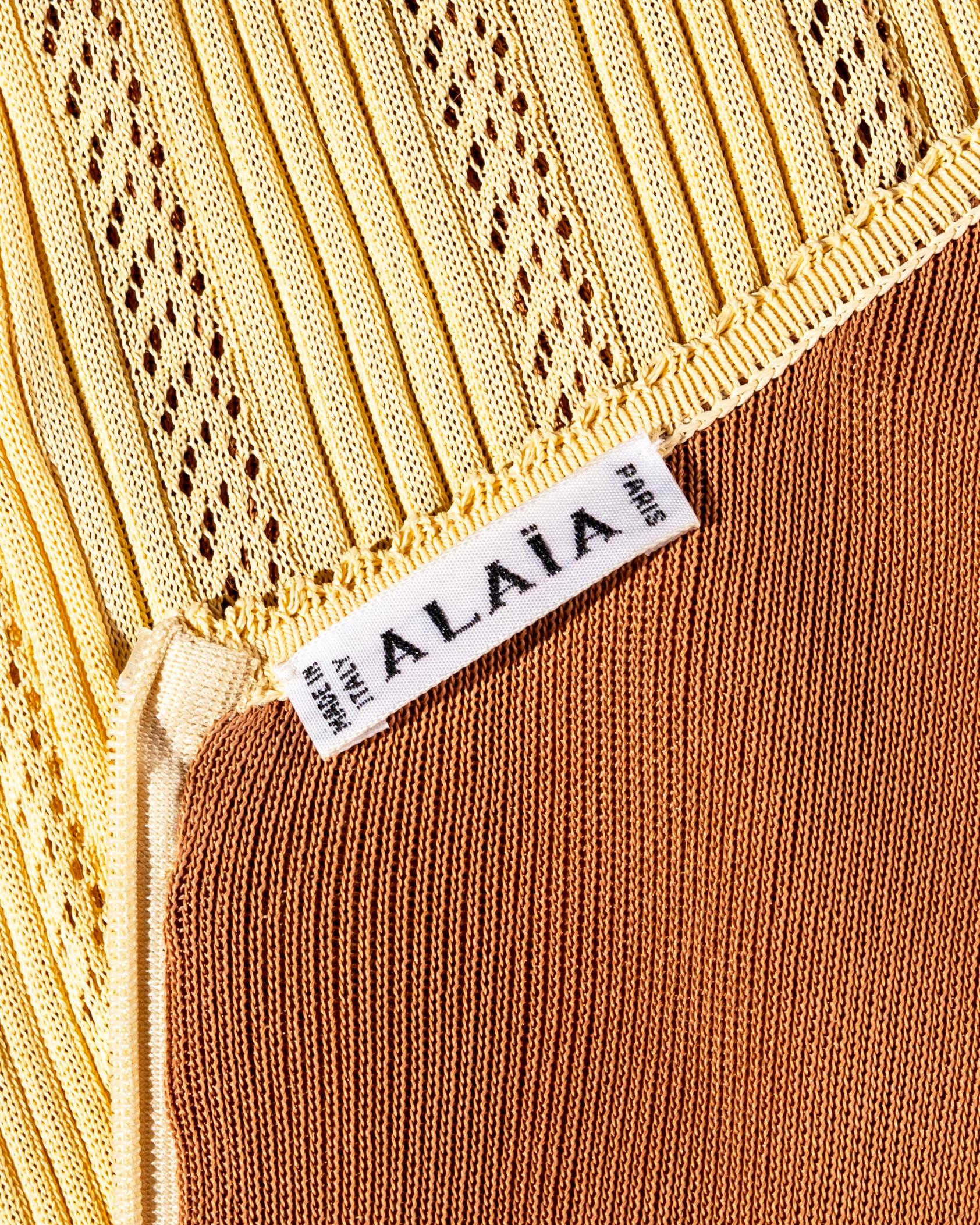 Azzedine Alaia yellow open-knit floor-length fishtail dress, ss 1996 2