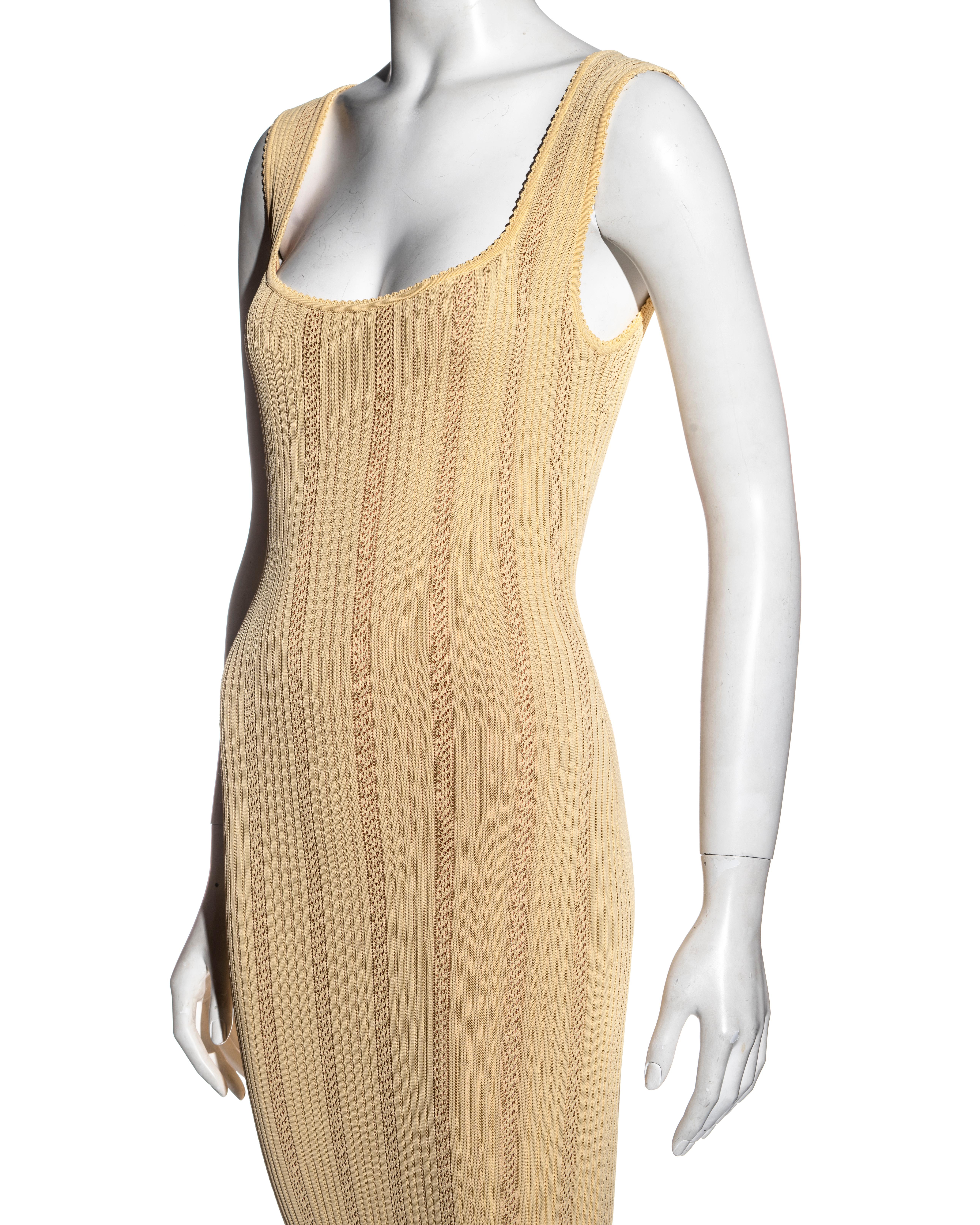 Beige Azzedine Alaia yellow open-knit floor-length fishtail dress, ss 1996