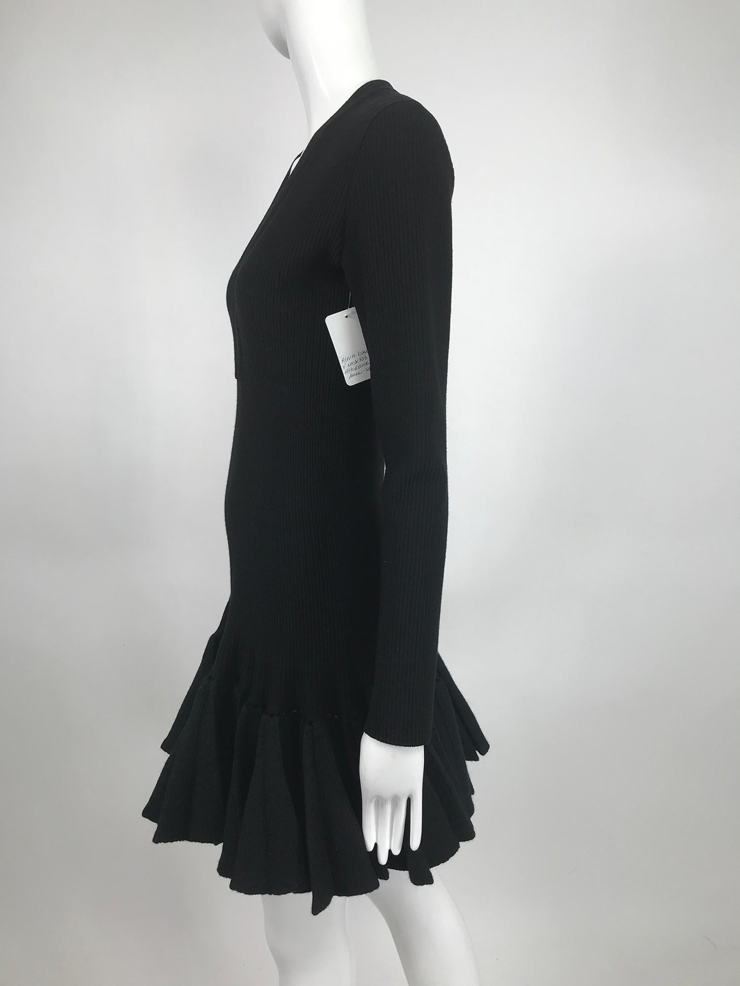 Azzedine Alaia Black Knit Dress with Felted Wool Knife Pleated Circular Hem In Excellent Condition In West Palm Beach, FL