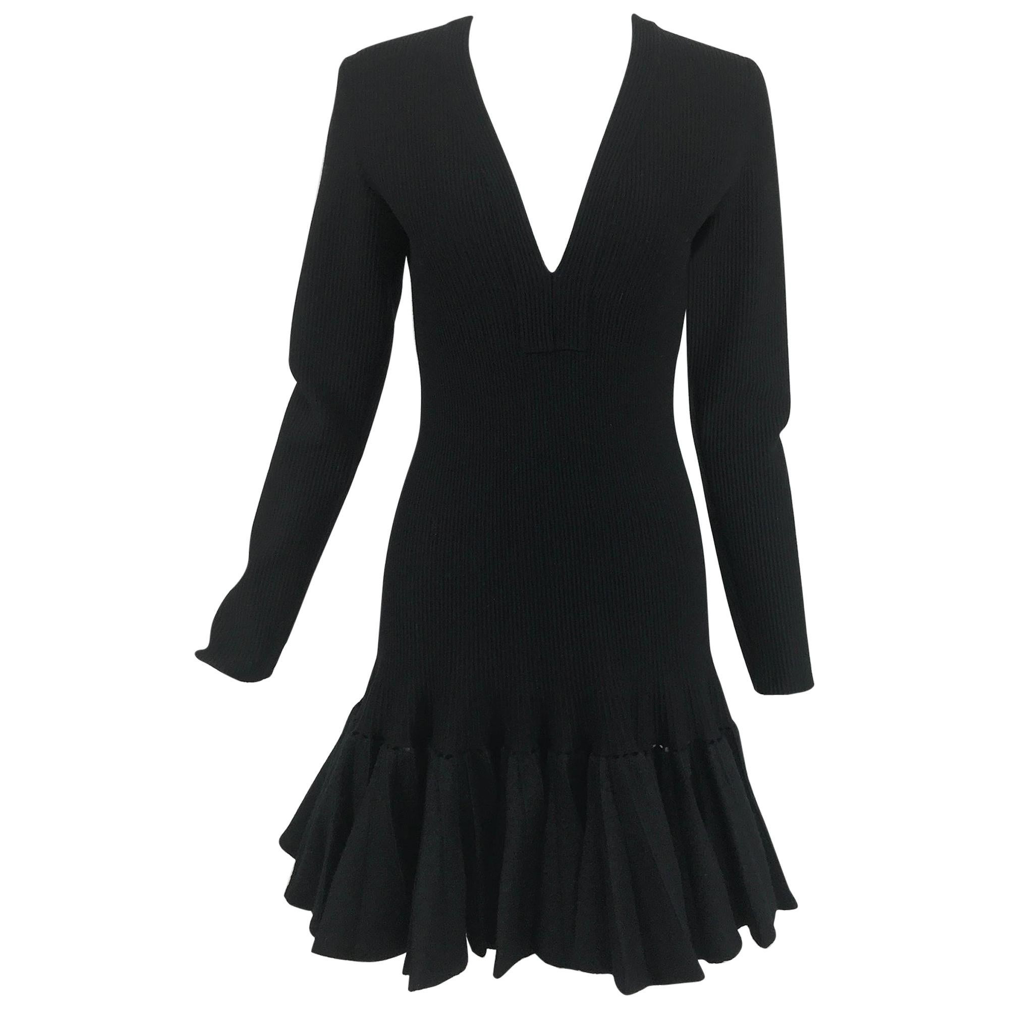 Azzedine Alaia Black Knit Dress with Felted Wool Knife Pleated Circular Hem