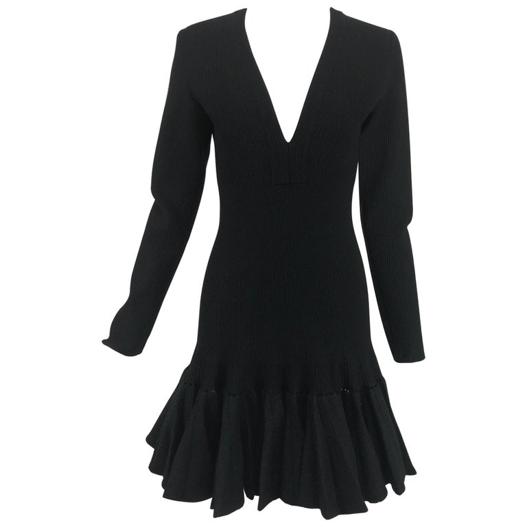 Azzidine Alaia Black Knit Dress with Felted Wool Knife Pleated Circular ...