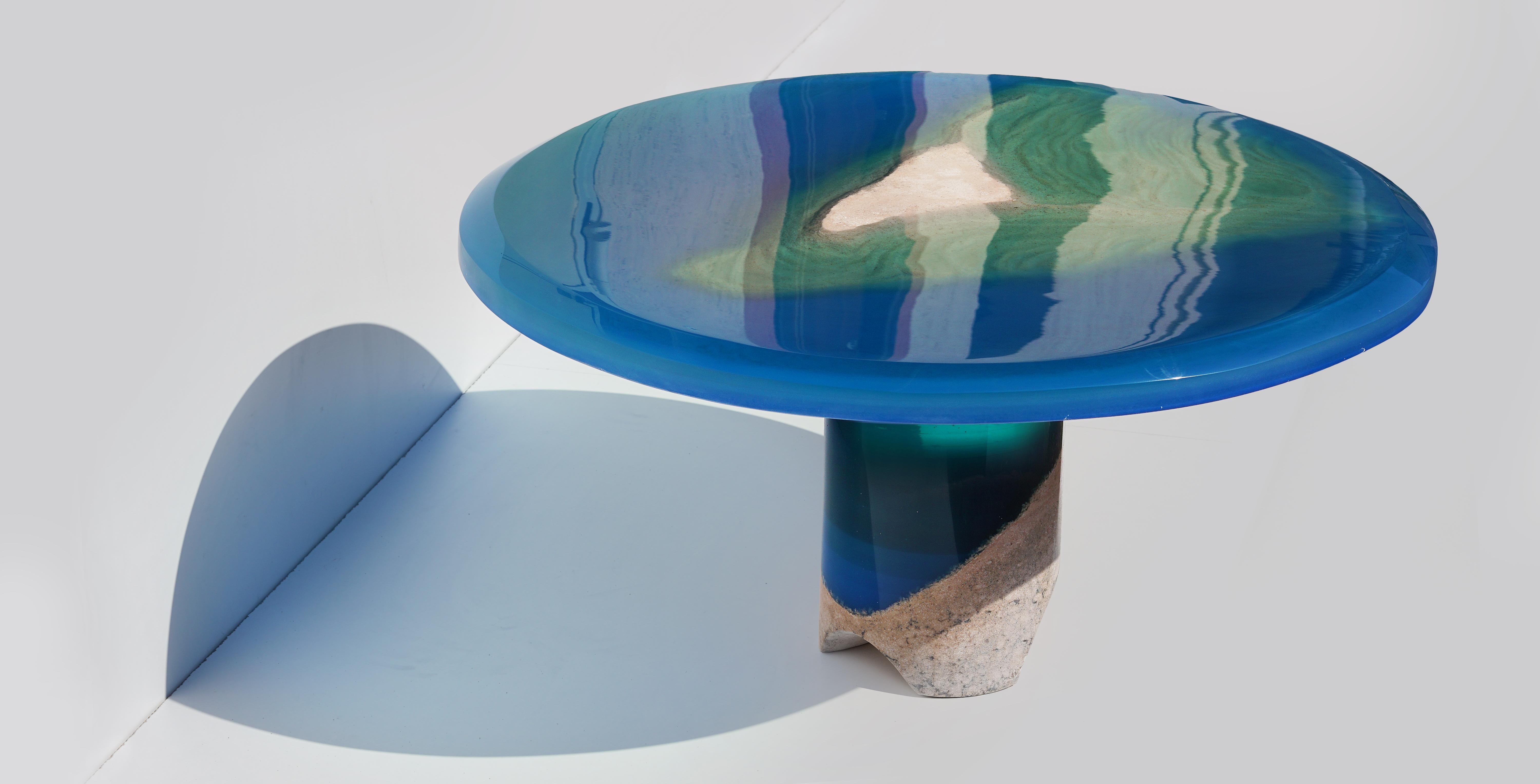 Balkan Azzurro Coffee Table, by Eduard Locota, Green-Turquoise Acrylic Glass & Marble For Sale