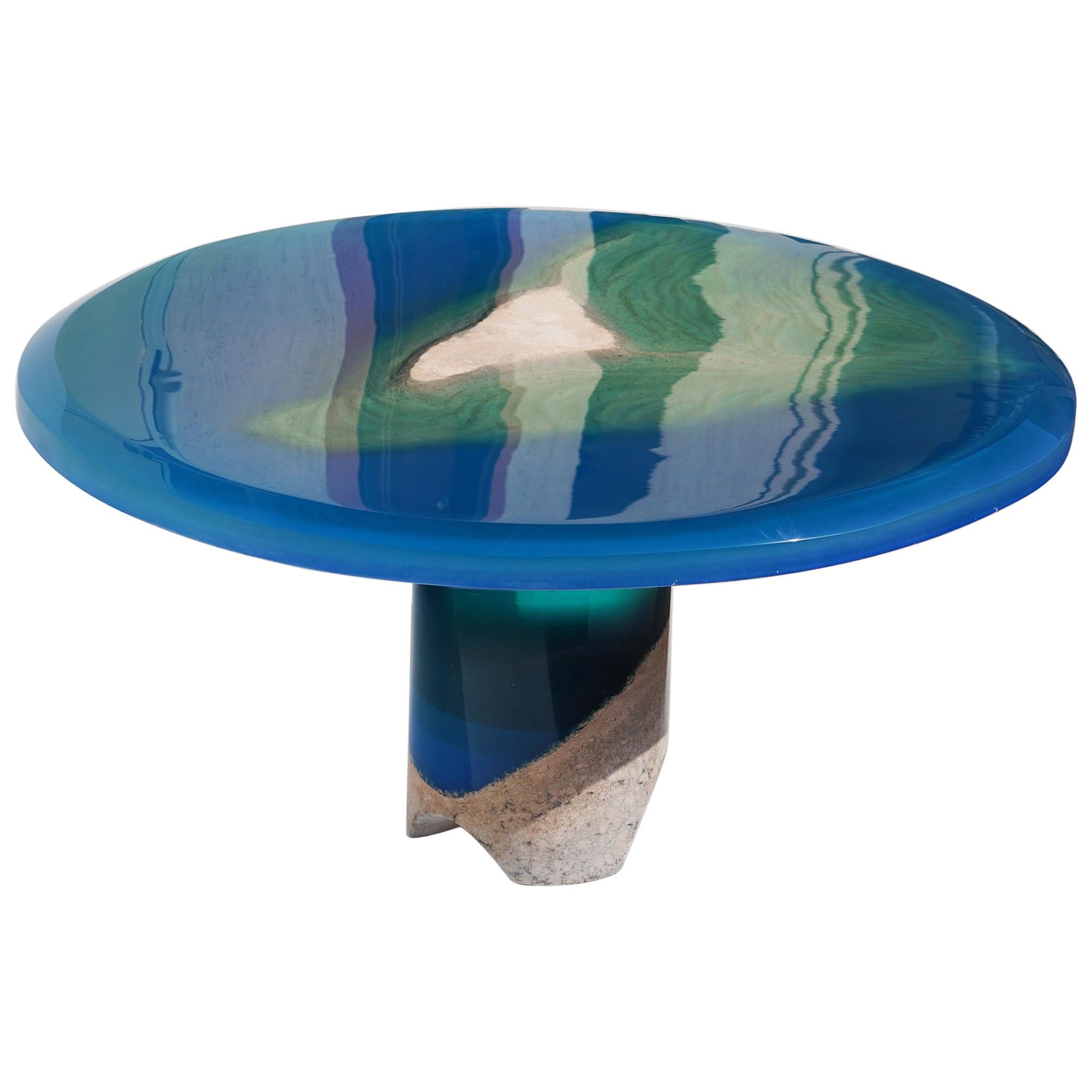 Azzurro Coffee Table, by Eduard Locota, Green-Turquoise Acrylic Glass & Marble