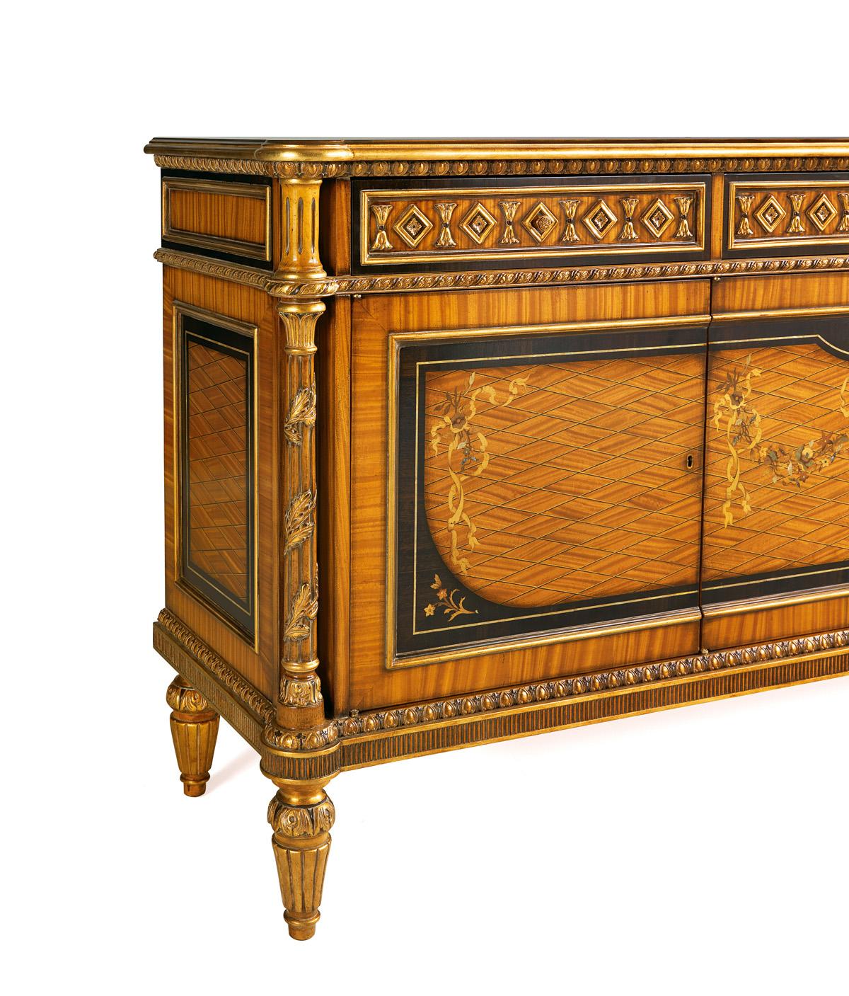 The B/5143 sideboard, with 3 doors is part of the new Classic collection by Zanaboni: veneered in citronnier and ebony woods, a real artwork, with details in mother of pearl and hand carved details.
Item of superior craftsmanship, 100% handmade and