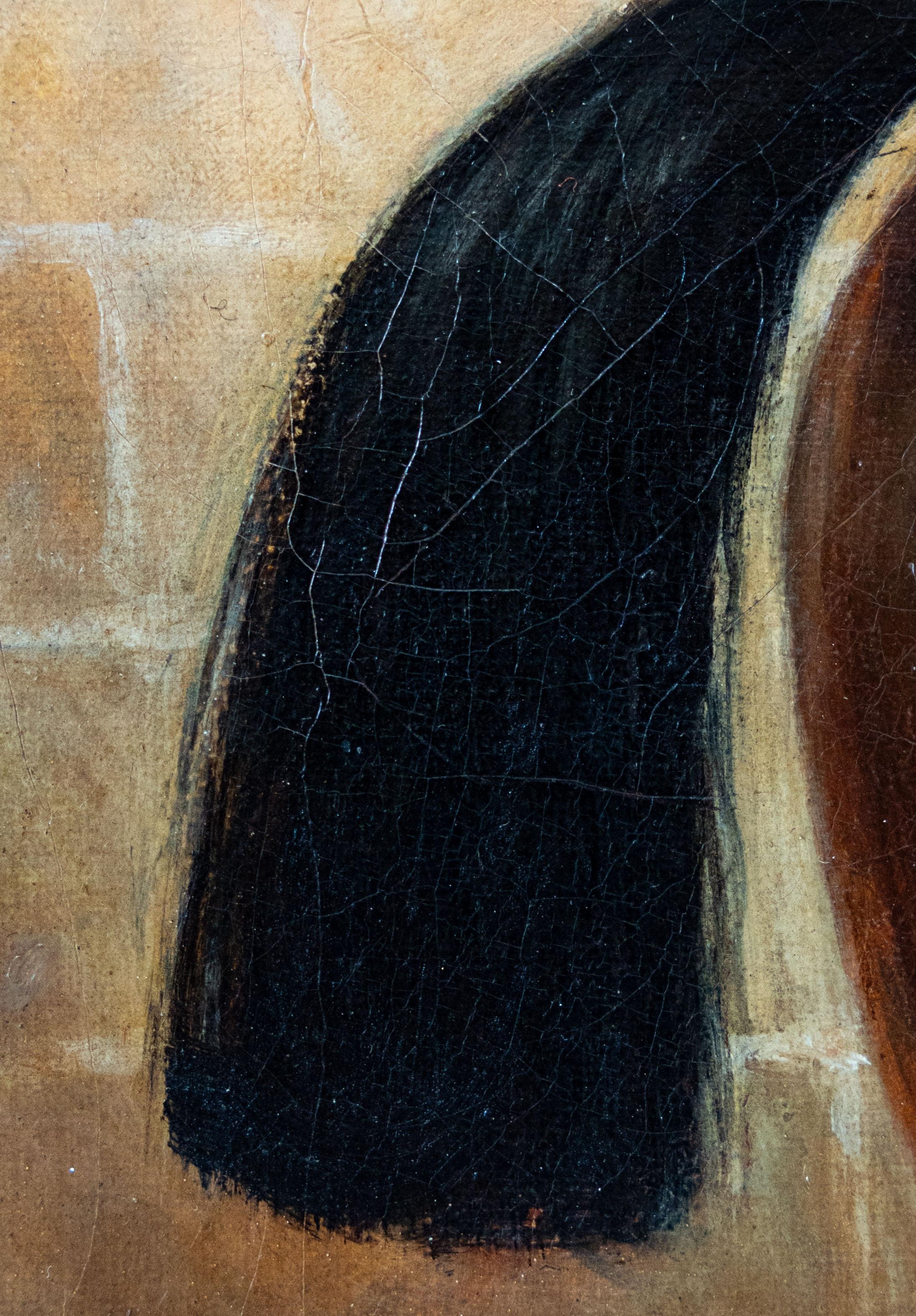 Dunkelbraunes Pferd an einer Steinmauer – Painting von B. A. Howe