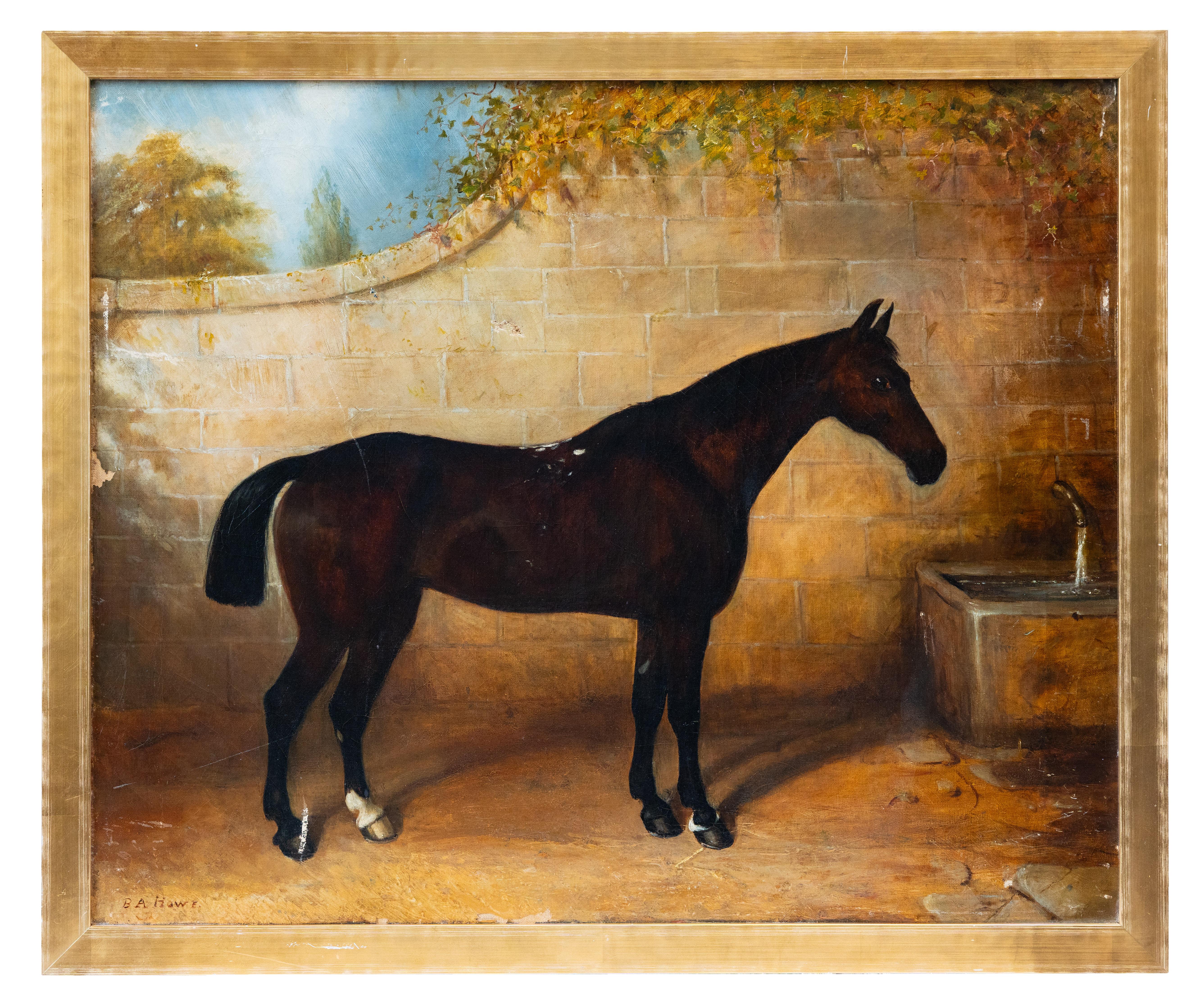 B. A. Howe Animal Painting – Dunkelbraunes Pferd an einer Steinmauer