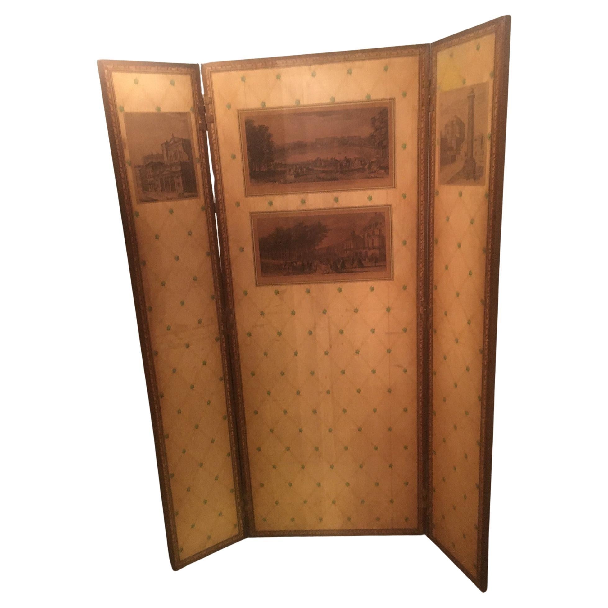 B. Altman N.Y. 1930s Three Panel Decoupage Room Screen w/ 18thc European Prints For Sale