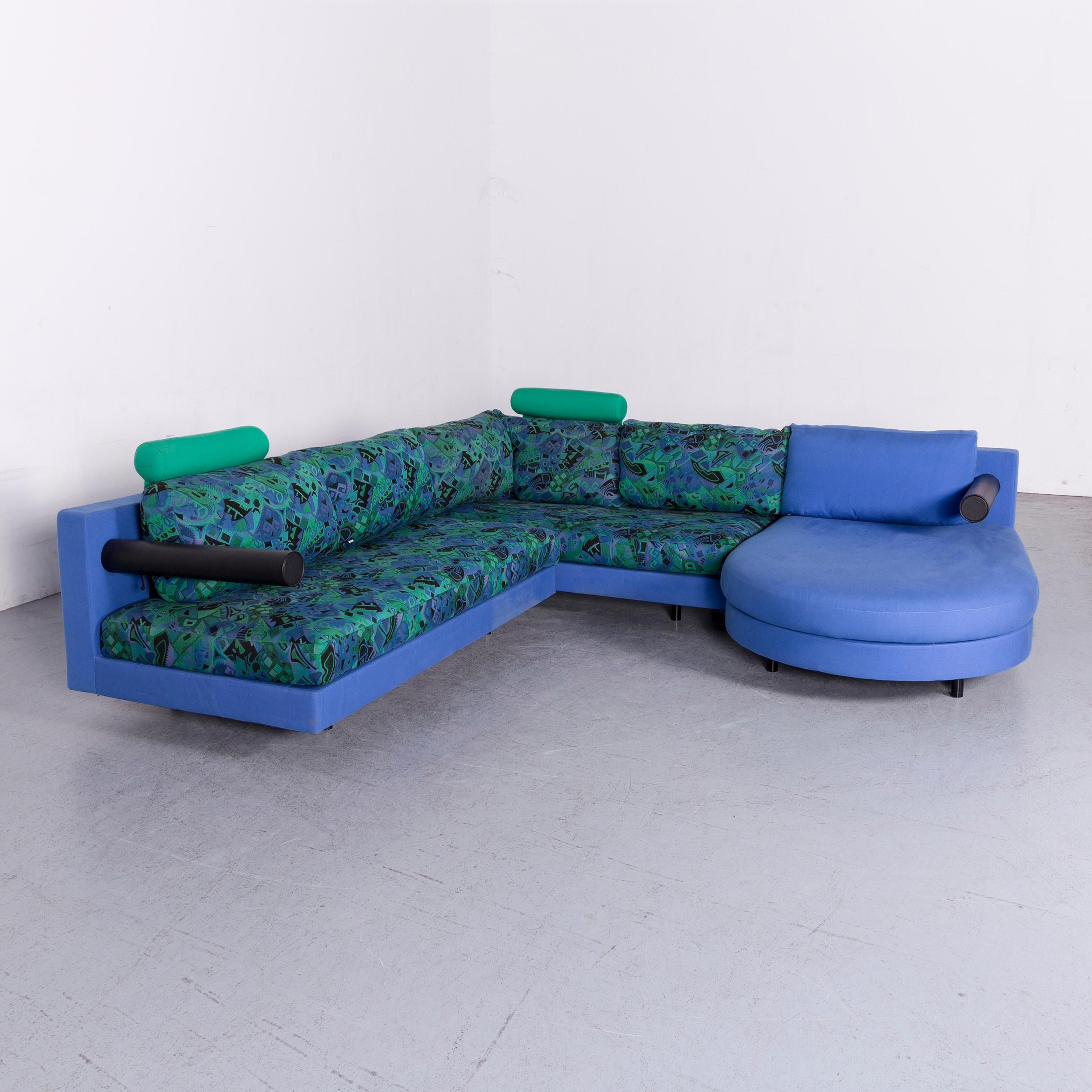 Italian B & B Italia Sity Fabric Designer Sofa Blue Pattern Look Corner Couch