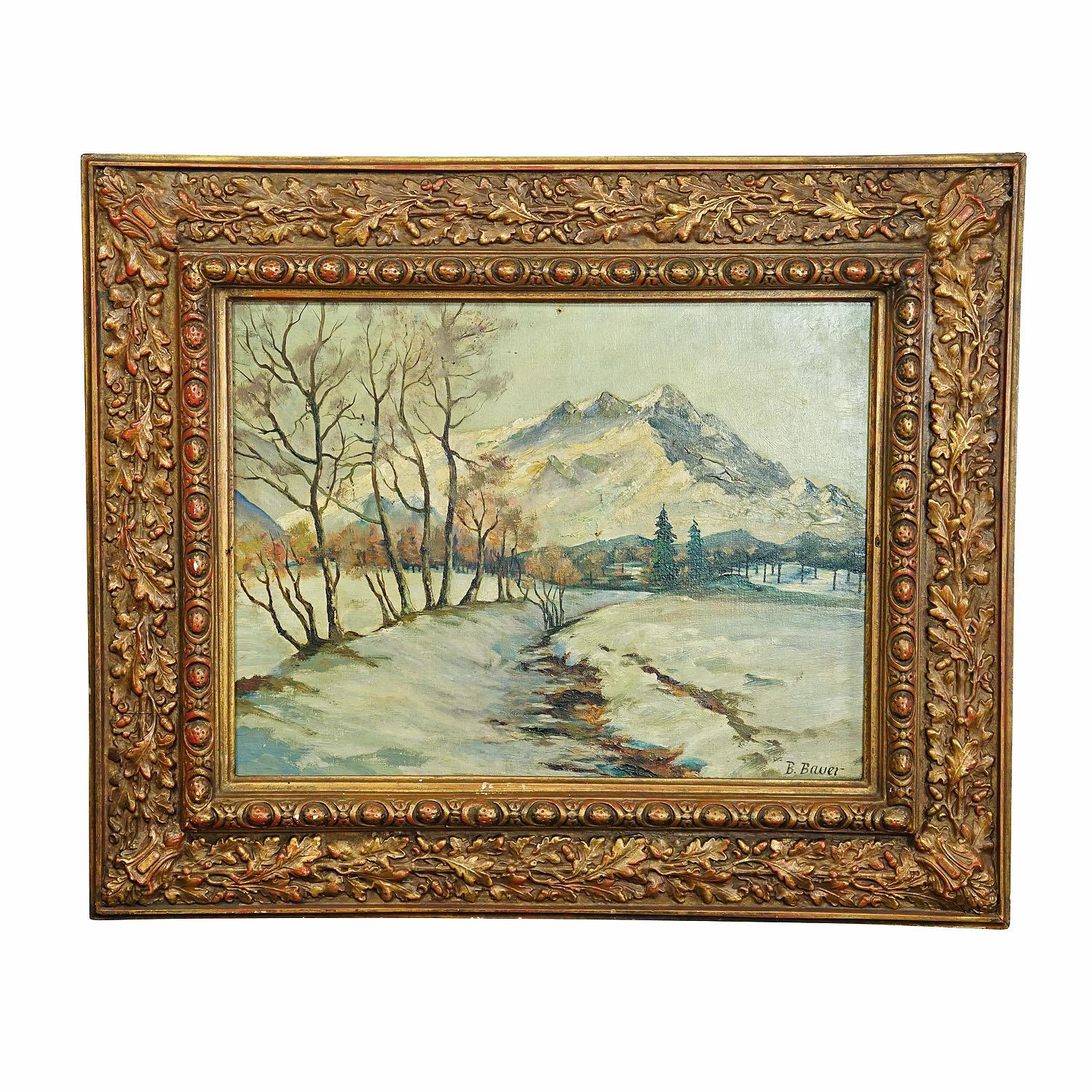 B. Bauer - oil painting alpine winter landscape, early 20th century.

A lovely antique oil painting depicting a winterly Alpine landscape. Oil on canvas 1st half of the 20th century. Framed with antique carved and gilded frame. Signed 