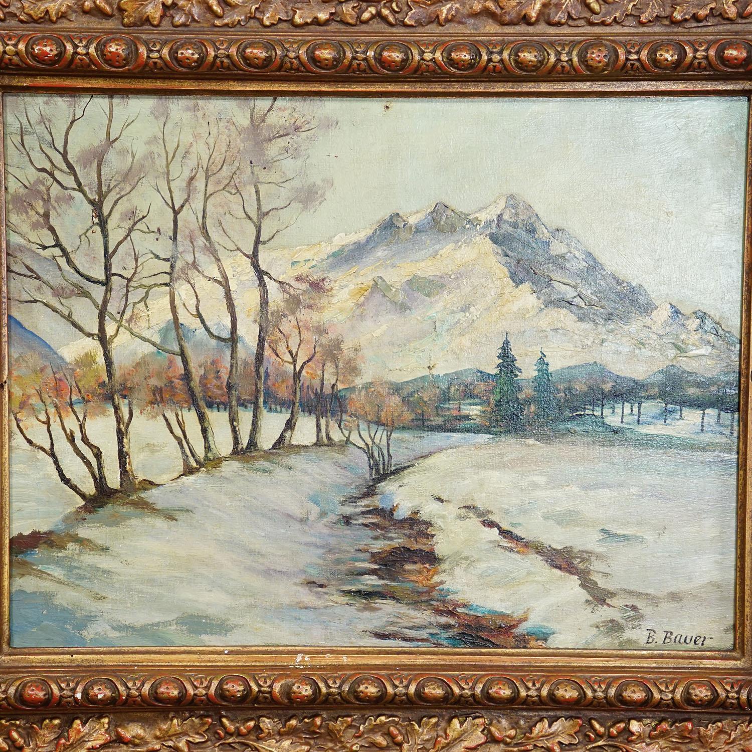 Biedermeier B. Bauer, Oil Painting Alpine Winter Landscape, Early 20th Century For Sale