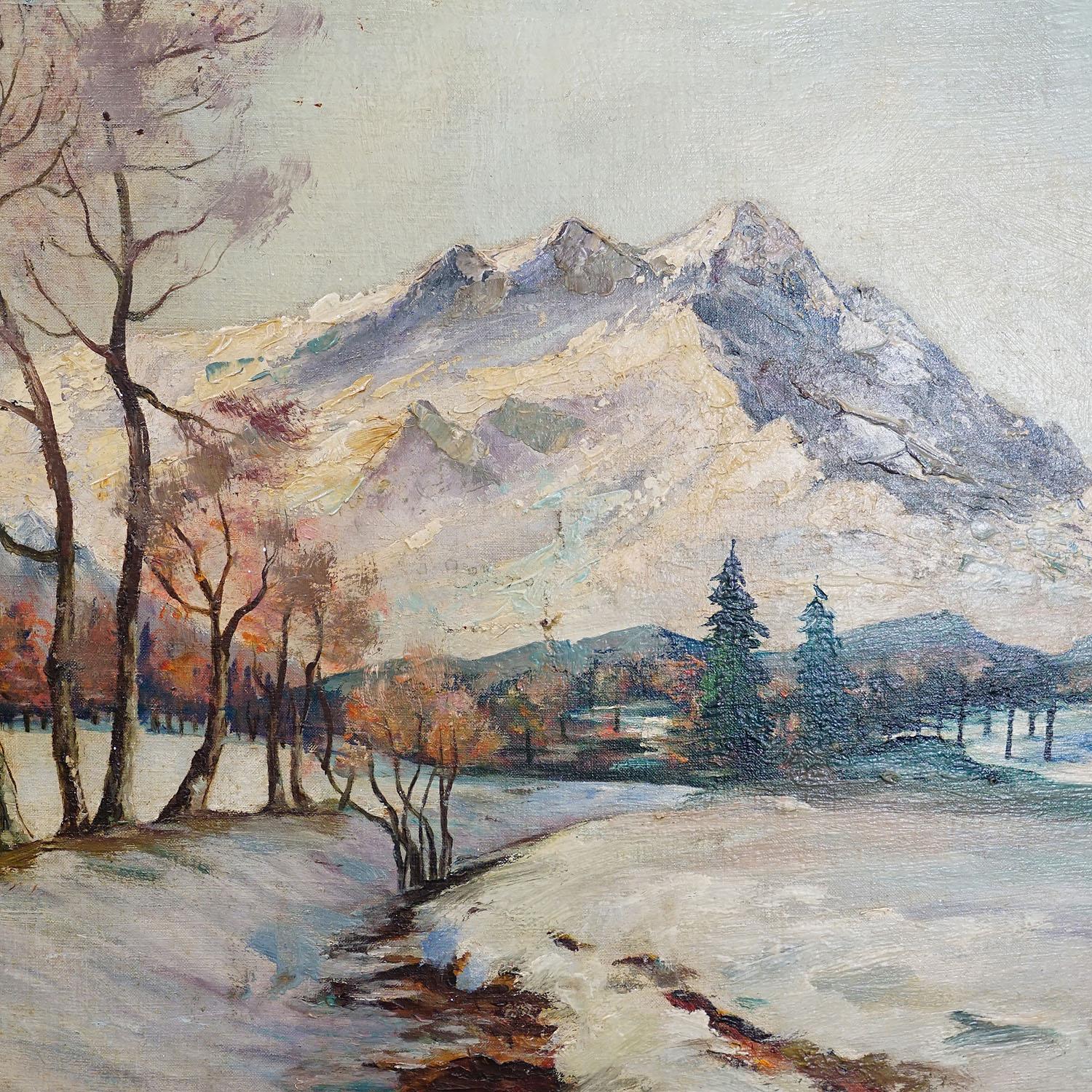 German B. Bauer, Oil Painting Alpine Winter Landscape, Early 20th Century For Sale