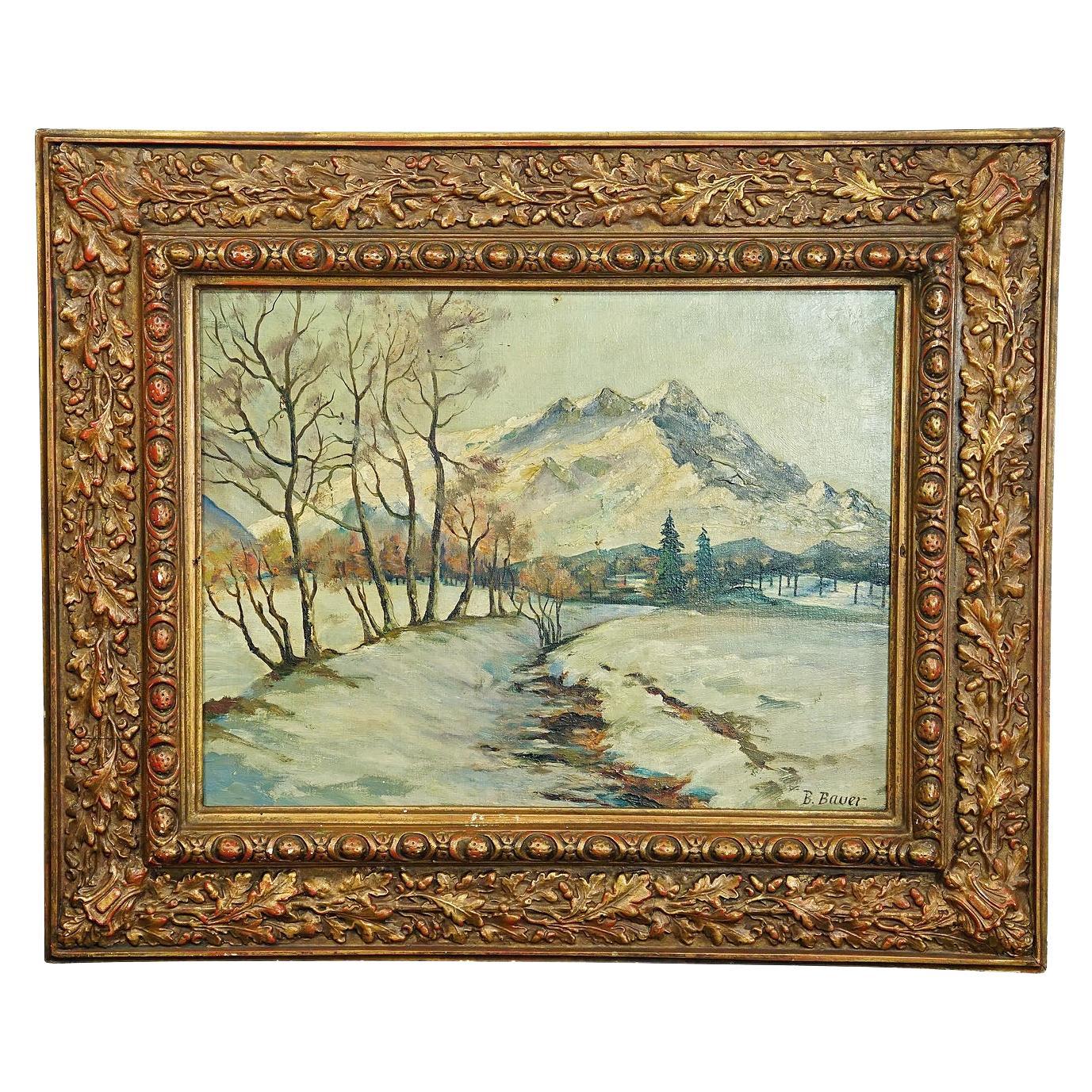 B. Bauer, Peinture à l'huile - Paysage d'hiver alpin, début du 20e siècle