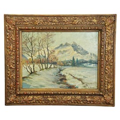 Antique B. Bauer, Oil Painting Alpine Winter Landscape, Early 20th Century