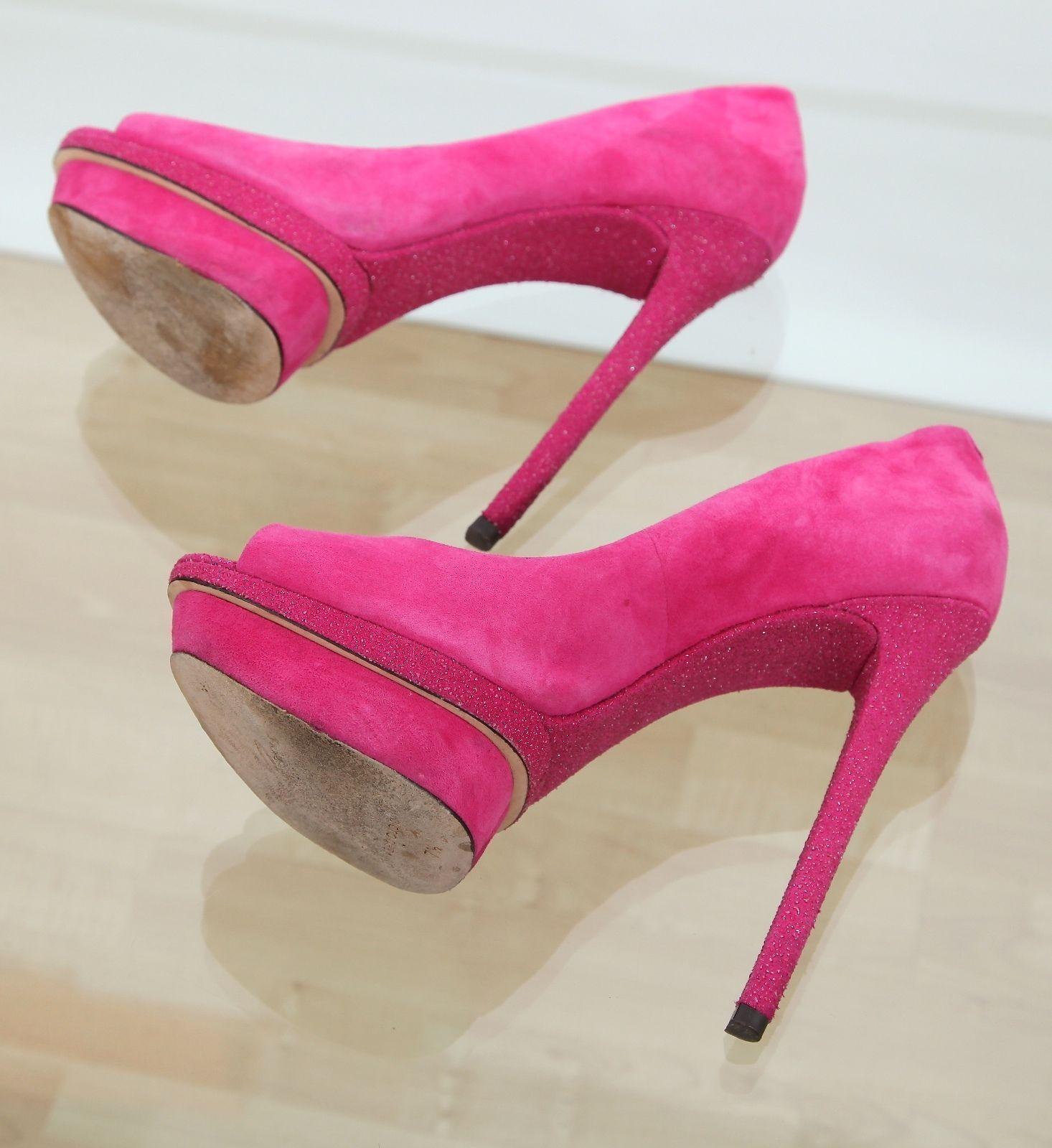 BRIAN ATWOOD Pompa Piattaforma Rosa Pelle Scamosciata Punta Aperta Tacco Glitterato 7,5 in vendita 6