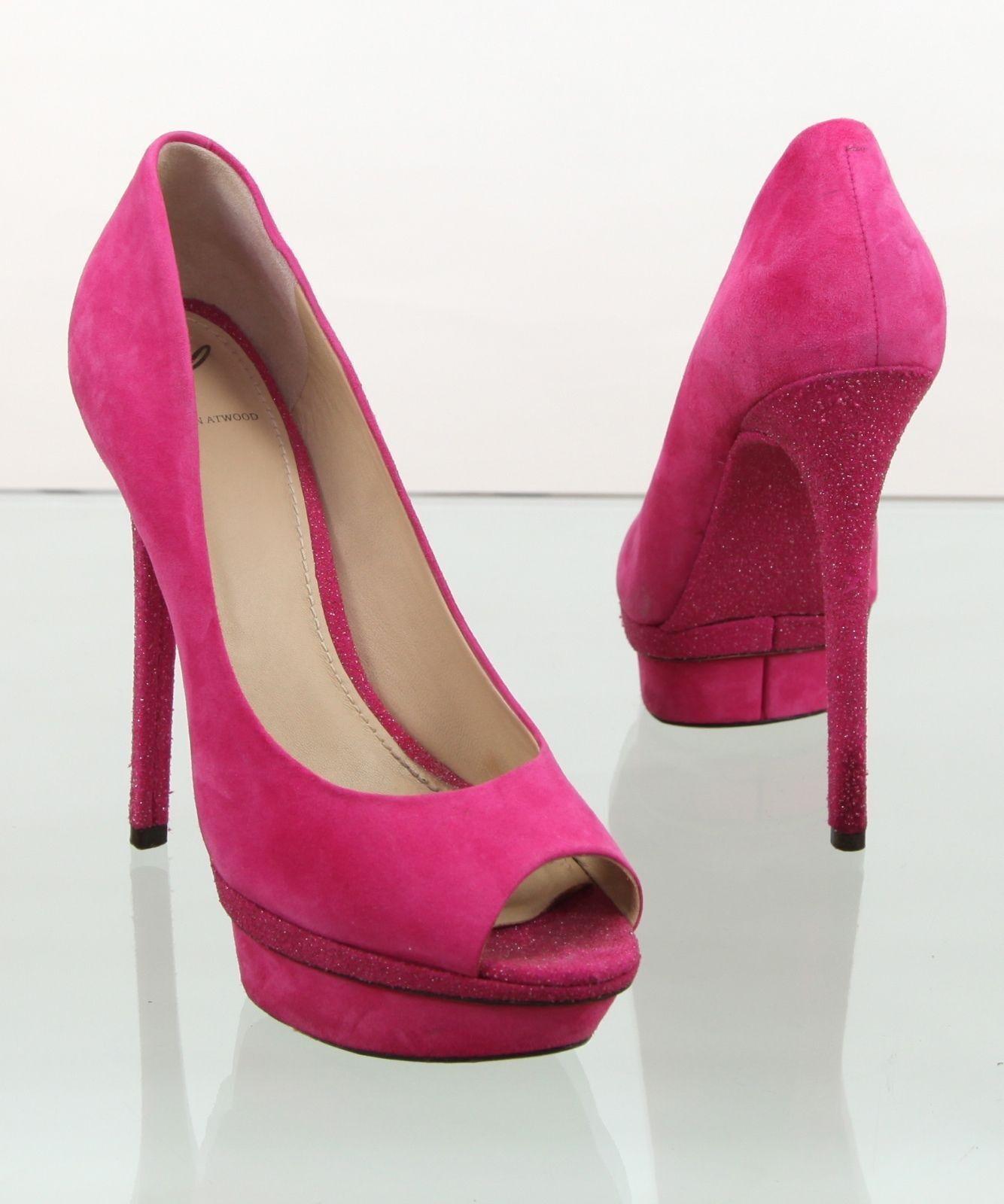 B BRIAN ATWOOD Pump Platform Pink Suede Leather Peep Toe Glitter Heel 7.5 In Good Condition For Sale In Hollywood, FL