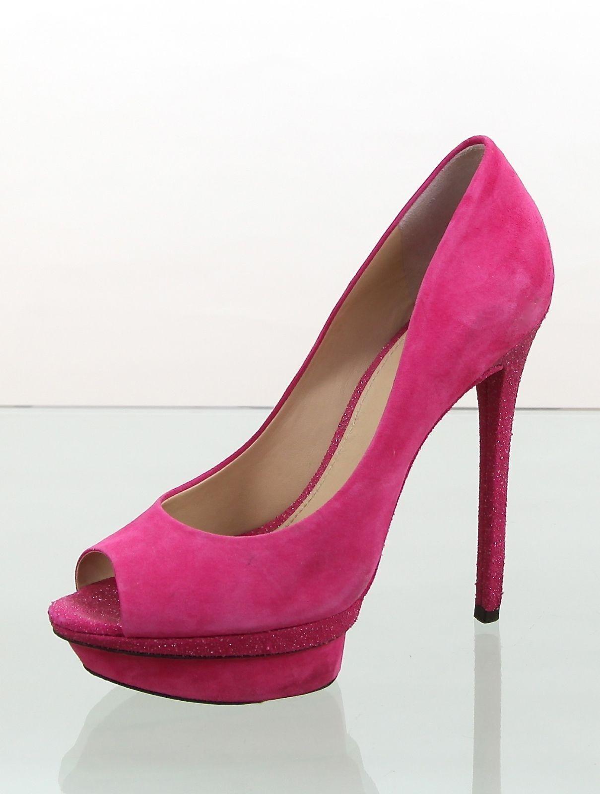 BRIAN ATWOOD Pompa Piattaforma Rosa Pelle Scamosciata Punta Aperta Tacco Glitterato 7,5 In condizioni buone in vendita a Hollywood, FL