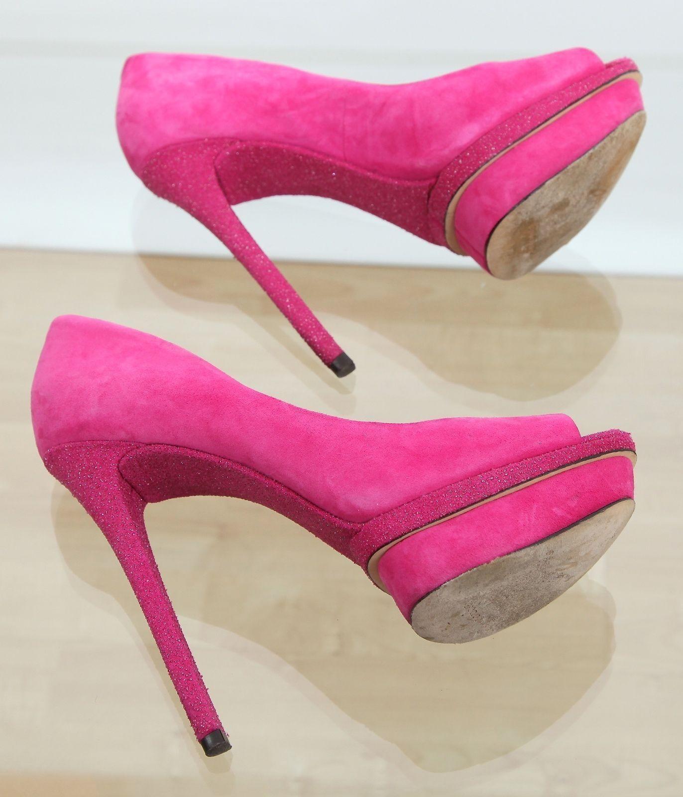 B BRIAN ATWOOD Pump Platform Pink Suede Leather Peep Toe Glitter Heel 7.5 For Sale 5
