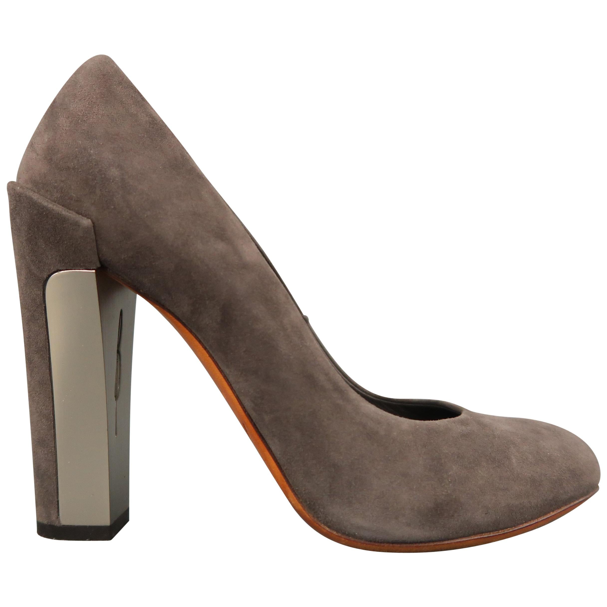 B by BRIAN ATWOOD Size 7.5 Taupe Suede Metal Chunky Heel Pumps For Sale ...