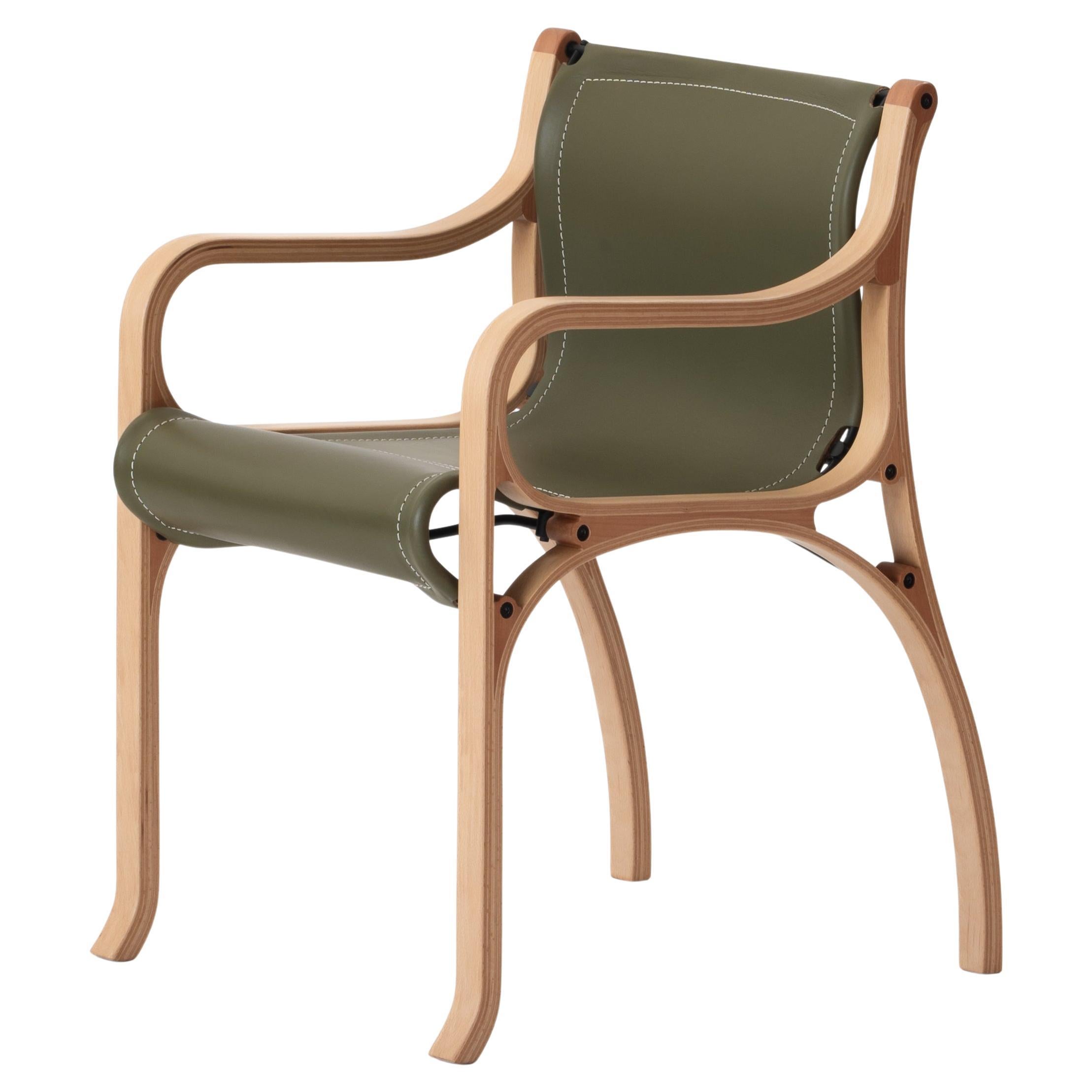B Chair by Cristian Valdes 1977, laminated wood & leather, Green For Sale
