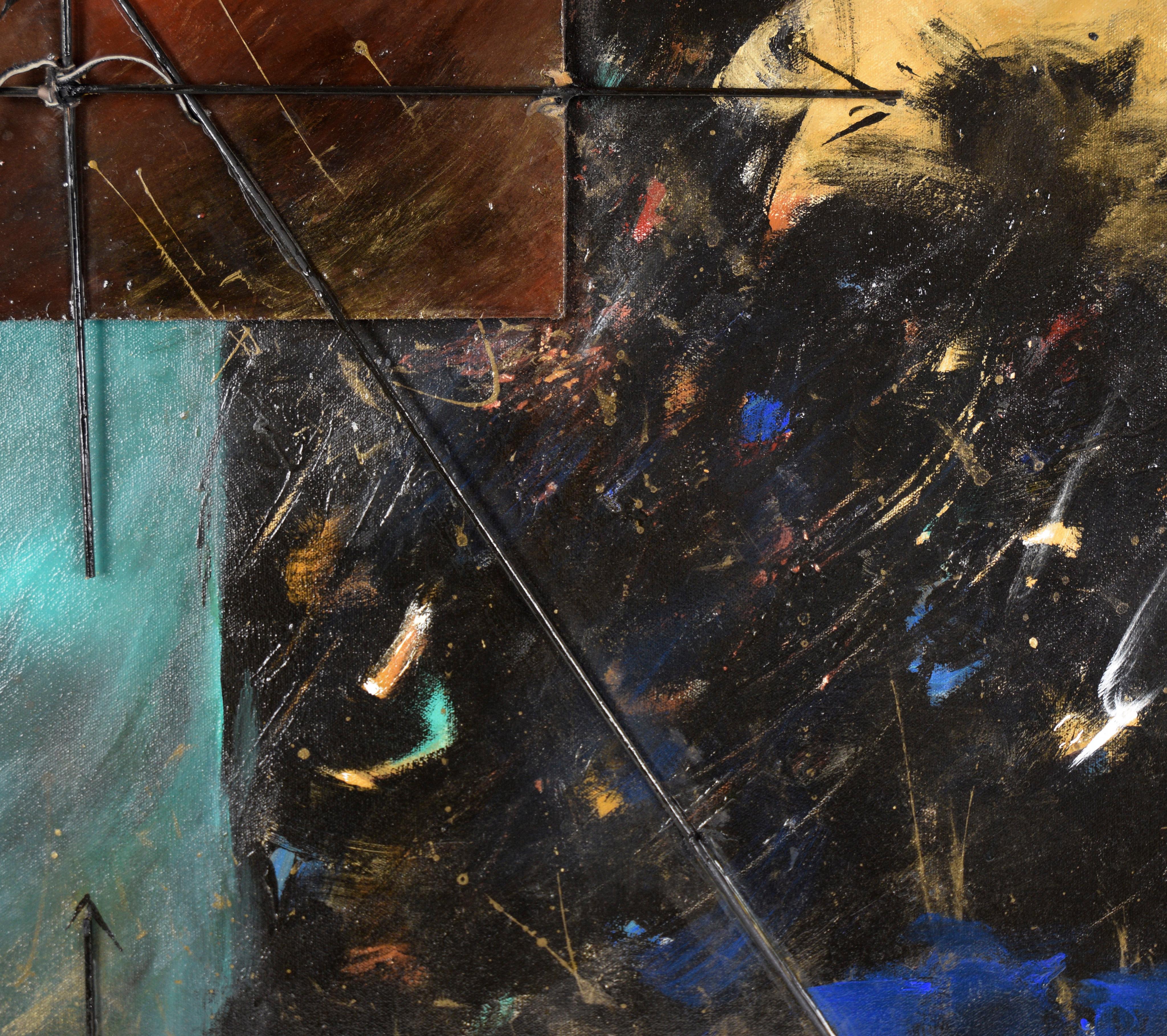 Abstrakte Komposition mit Quadrat und Stäben in Öl auf Leinwand (Schwarz), Abstract Painting, von B Chapman